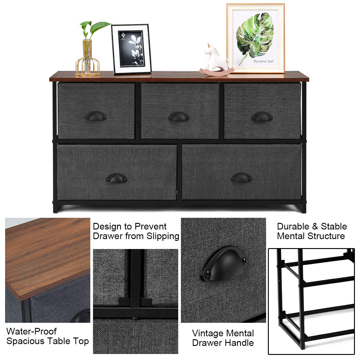 Giantex 5-Drawer Dresser for Bedroom & Living Room - Sturdy Metal Frame Clothes Storage Organizer with 5 Fabric Bins, Multi-Functional TV Stand & Chest of Drawers (Brown+Gray) | Perfect for Small Spaces, Dorm Rooms & Apartment Organization