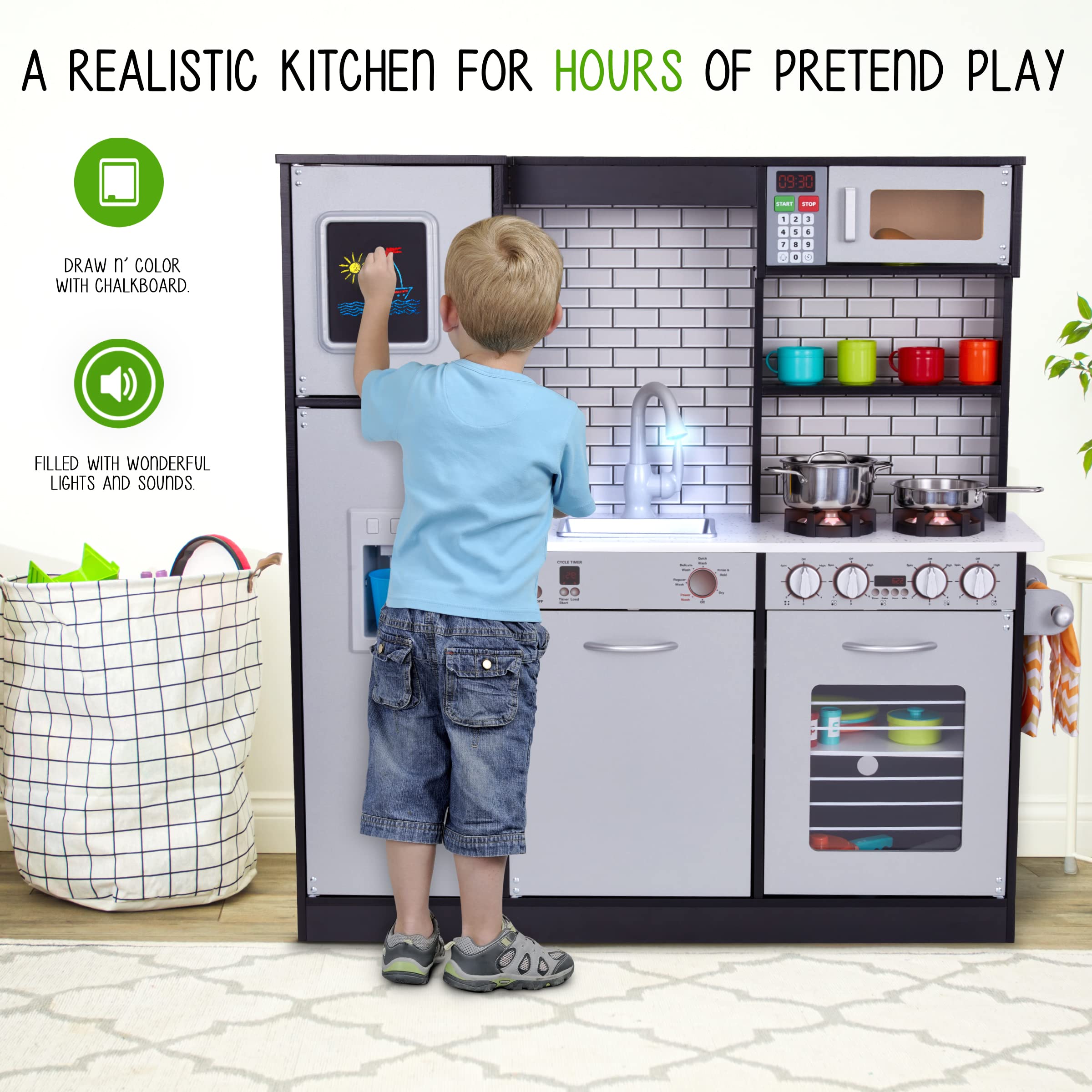 **Lil' Jumbl Kids Wooden Play Kitchen Set with Realistic Sounds & Lights - Battery Operated Icemaker, Burners, Faucet & Microwave - Includes Pots & Pans - Charcoal - Perfect for Pretend Play & Early Learning**