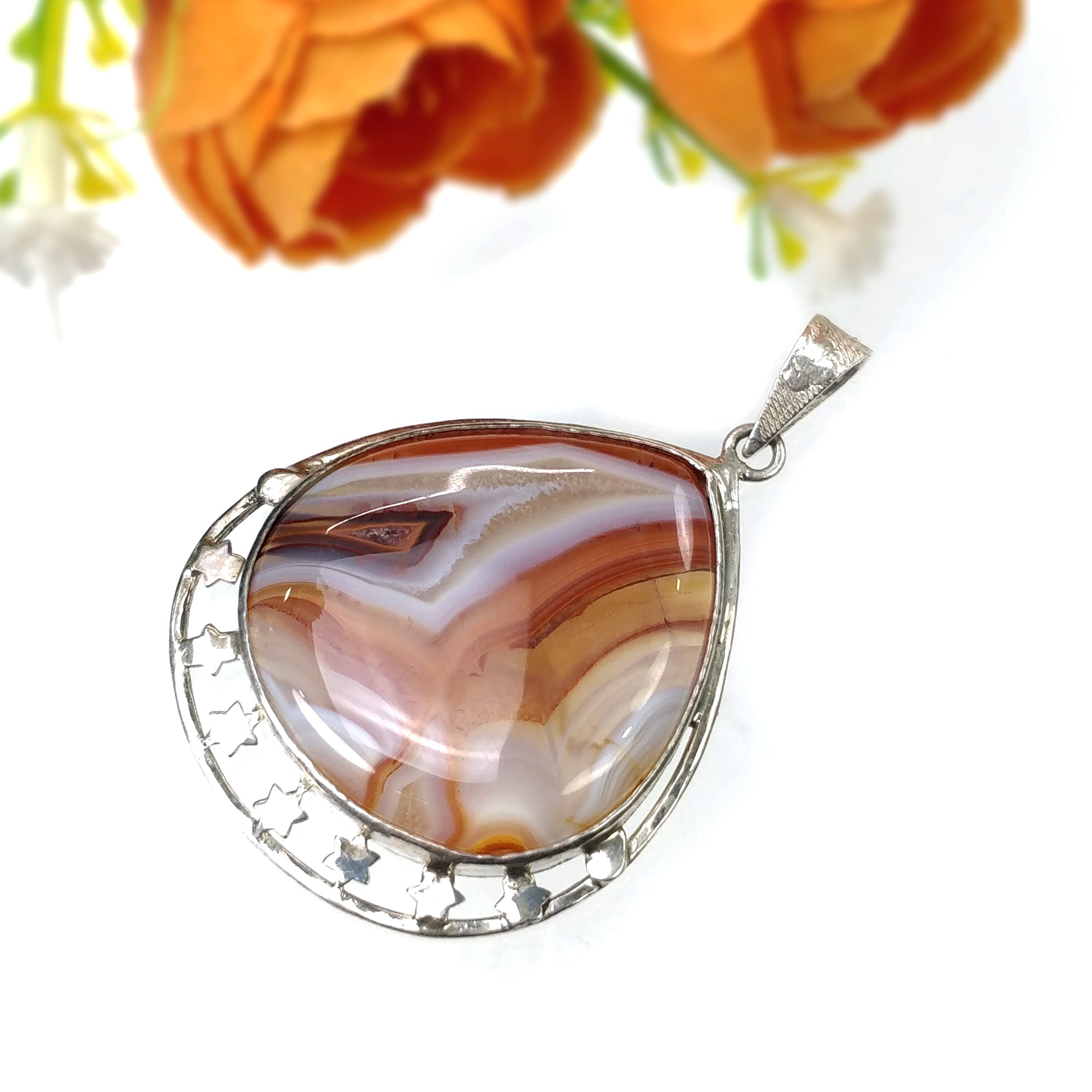 925 Sterling Silver Heart Pendant with Natural Botswana Agate Gemstone - 15.25g Bezel Set Jewelry for Women, Gift for Her, Valentine's Day, Anniversary & Special Occasions