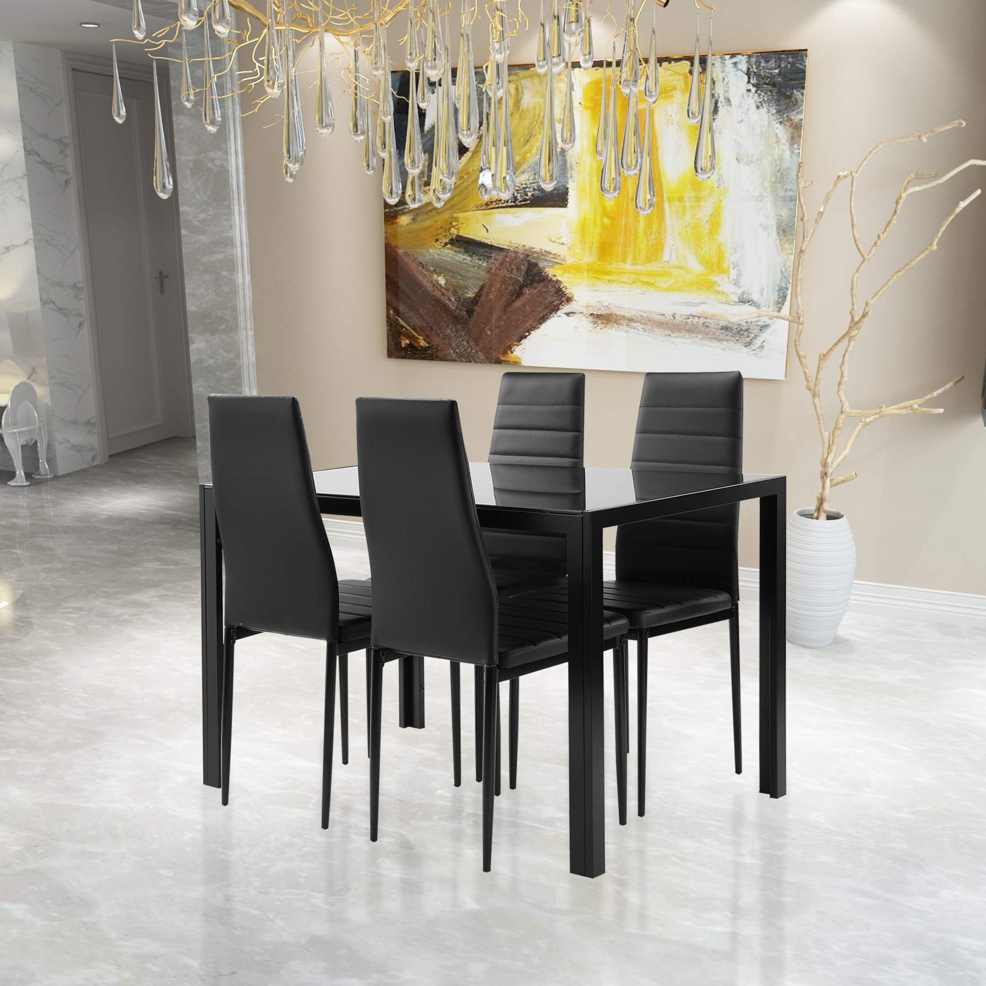 IANIYA Modern Square Glass Dining Table Set with 4 Black Chairs - Perfect for Small Kitchen, Breakfast Nook, and Contemporary Dining Room Decor
