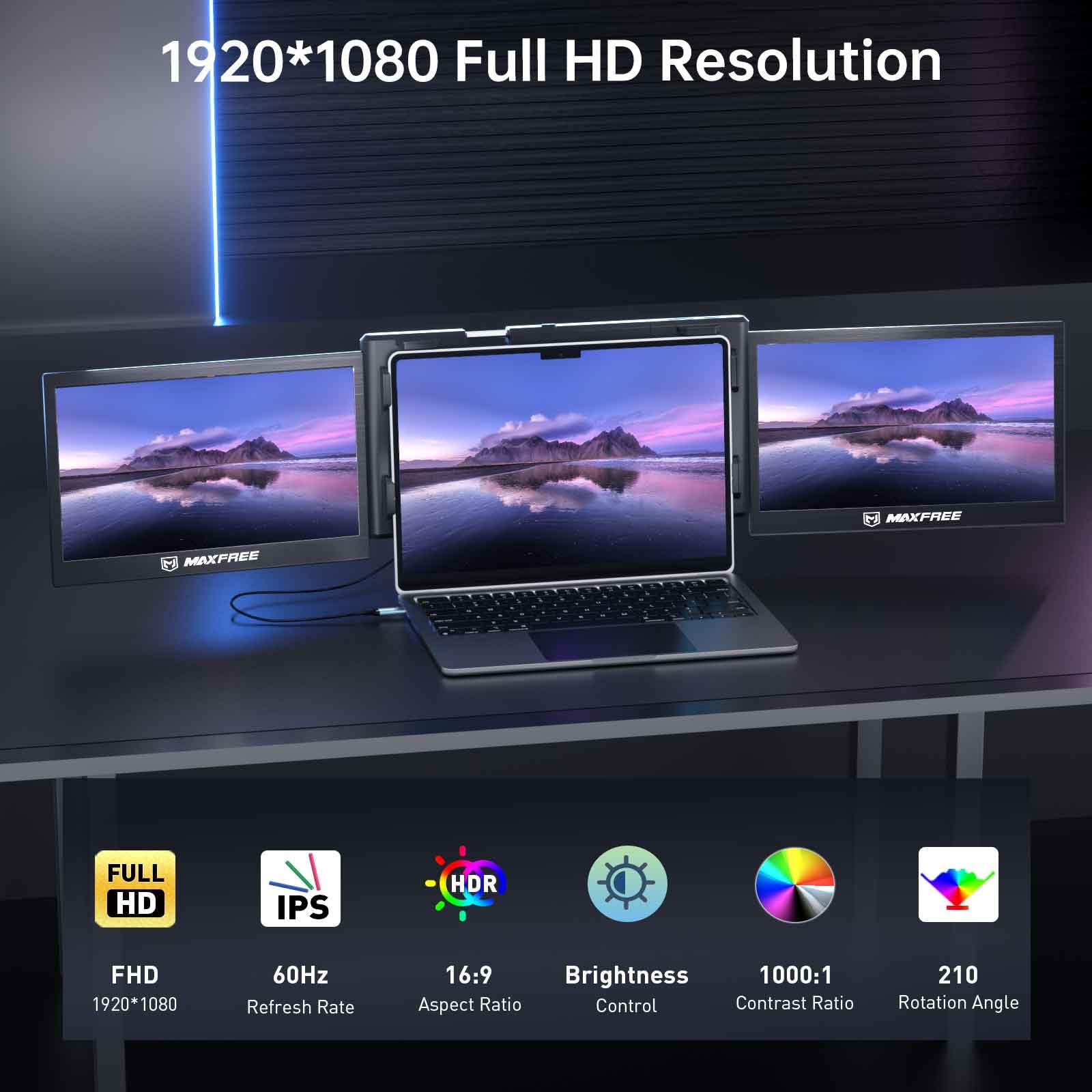 13.3 Inch Portable Laptop Monitor - Full HD 1920x1080 IPS Screen Extender with USB-C Plug & Play, 1000:1 Contrast Ratio - Ideal for Work, Gaming & Travel | T2