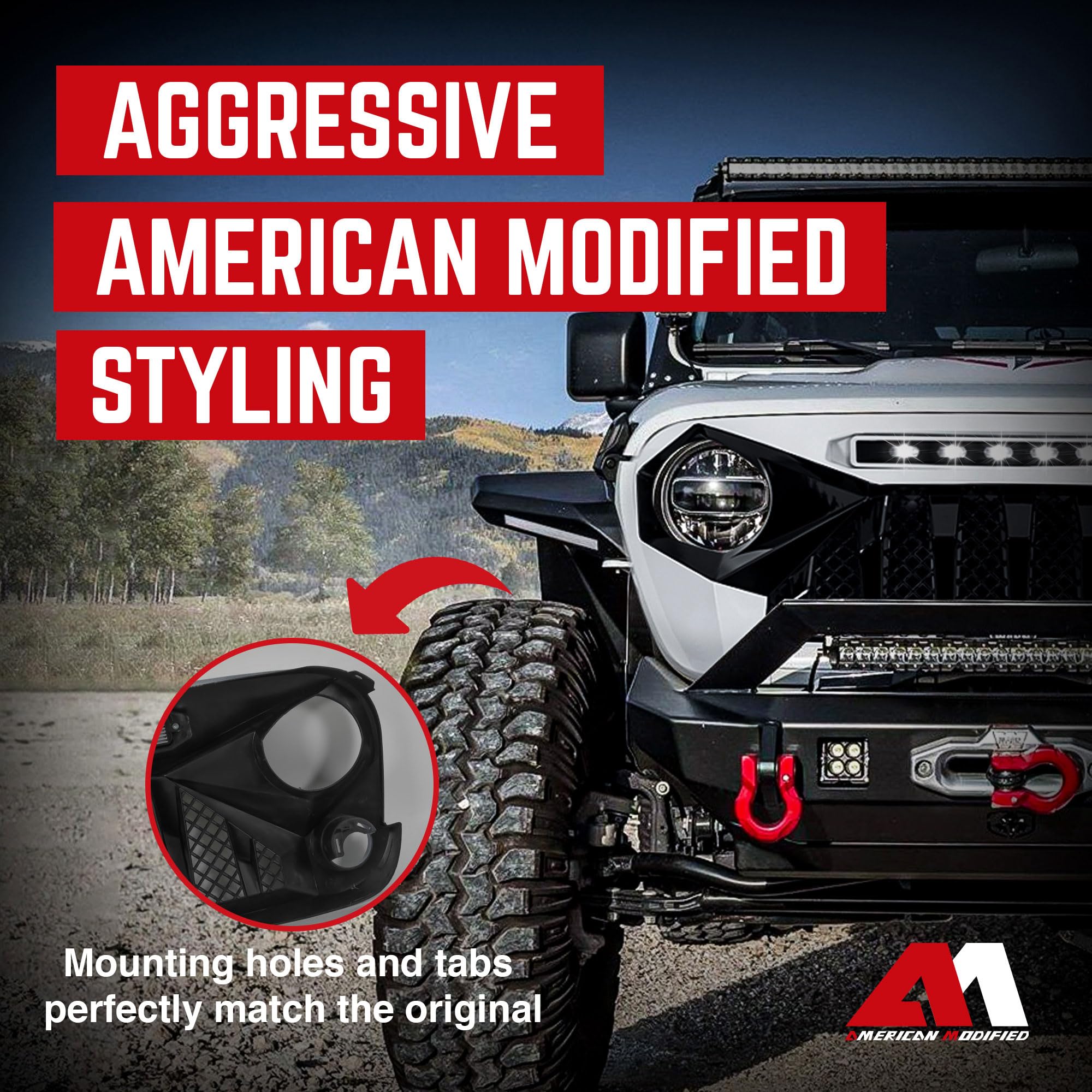 2018-2023 Jeep Wrangler JL & Gladiator JT White & Black Demon Grille with LED Off-Road Lights (Non-Trailcam Version) - Rugged Style Upgrade for Off-Roading & Jeep Enthusiasts