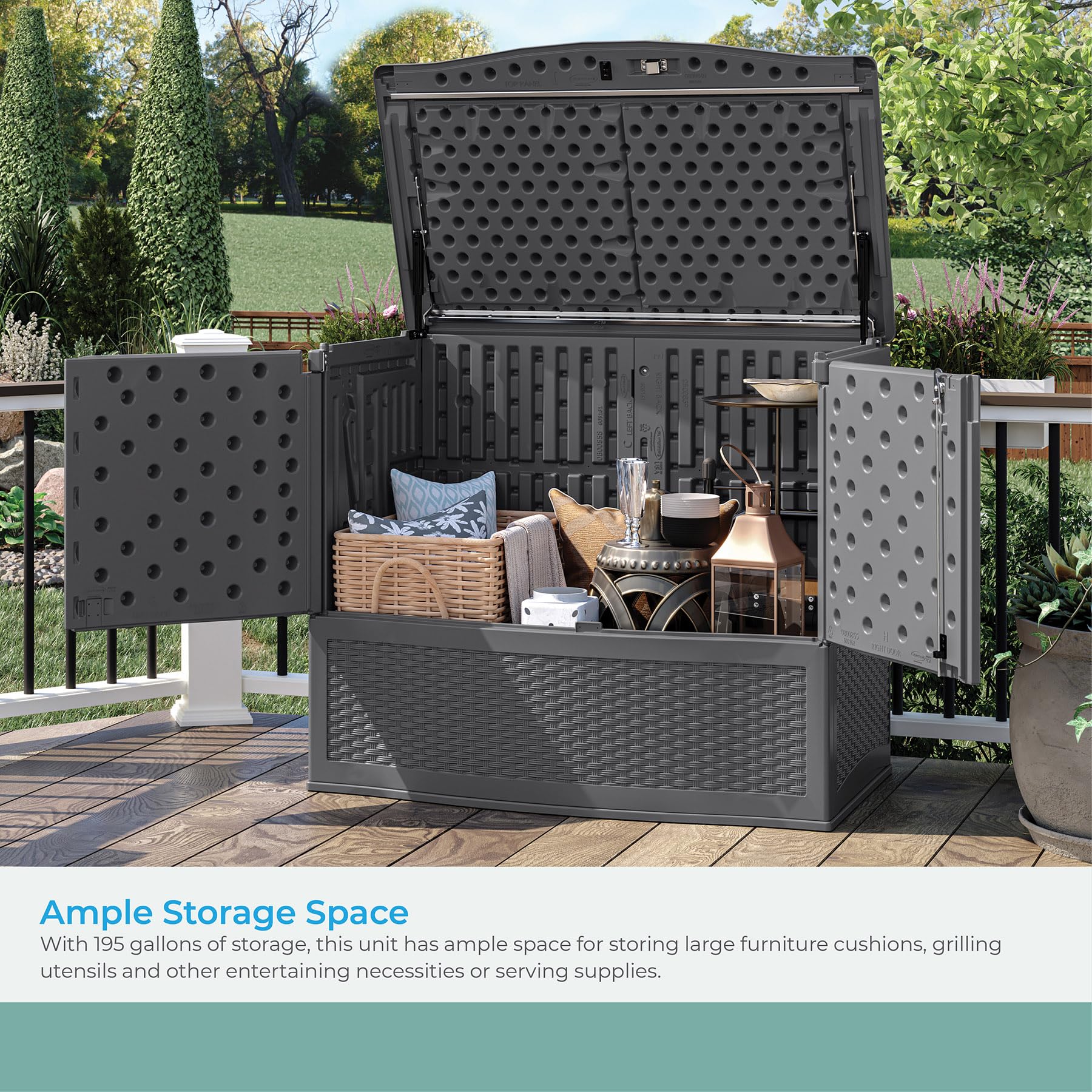Suncast Backyard Oasis 195-Gallon Vertical Deck Storage Box - Outdoor Patio Furniture Cushion Organizer, Grill Tools & Pool Accessories Container - Cool Gray - Perfect for Deck, Porch & Backyard Organization