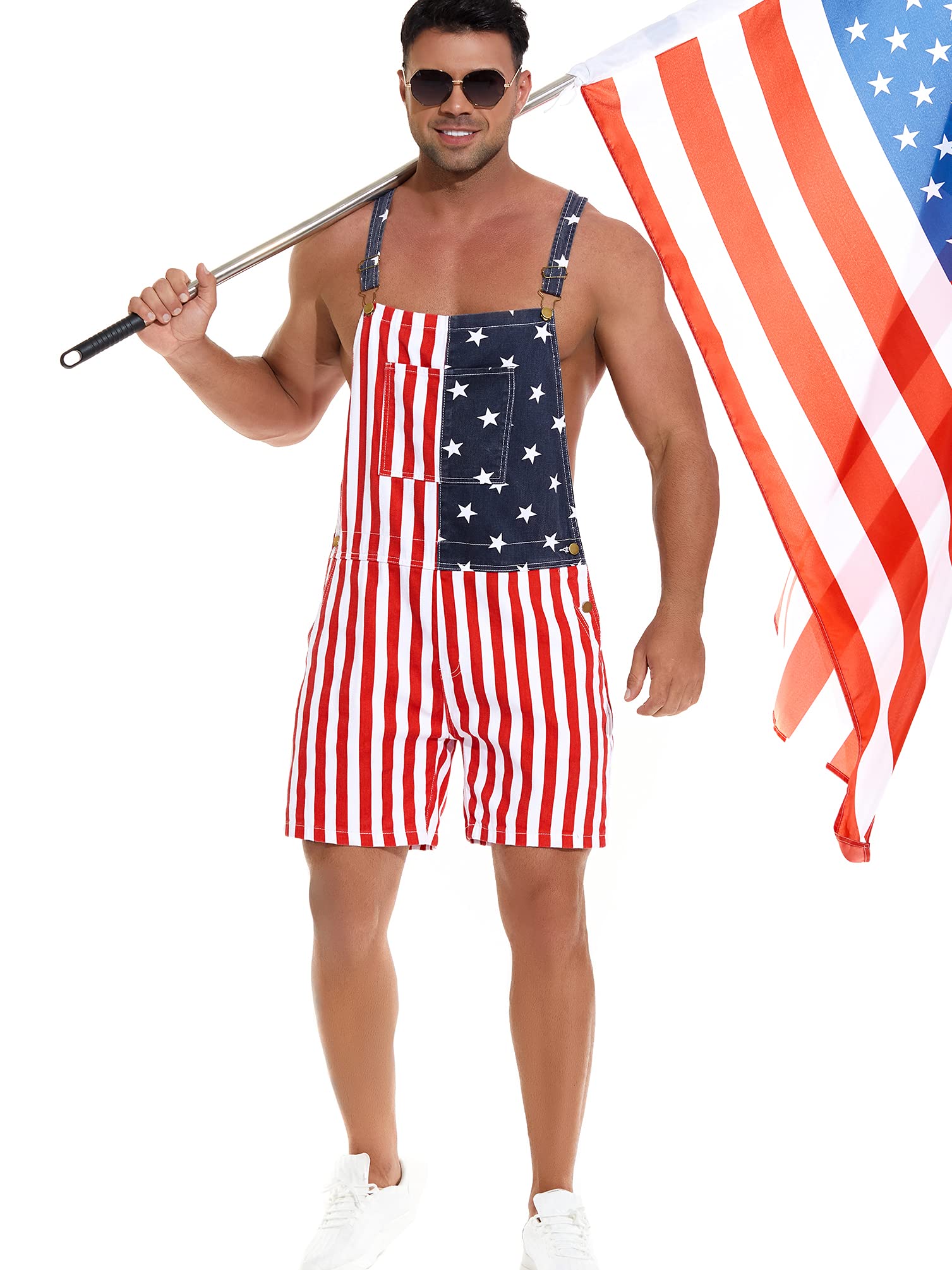 American Flag Denim Overalls - Adjustable Strap Bib Shorts Romper for Men & Women | Casual Summer Outfit, Workwear & Patriotic Style