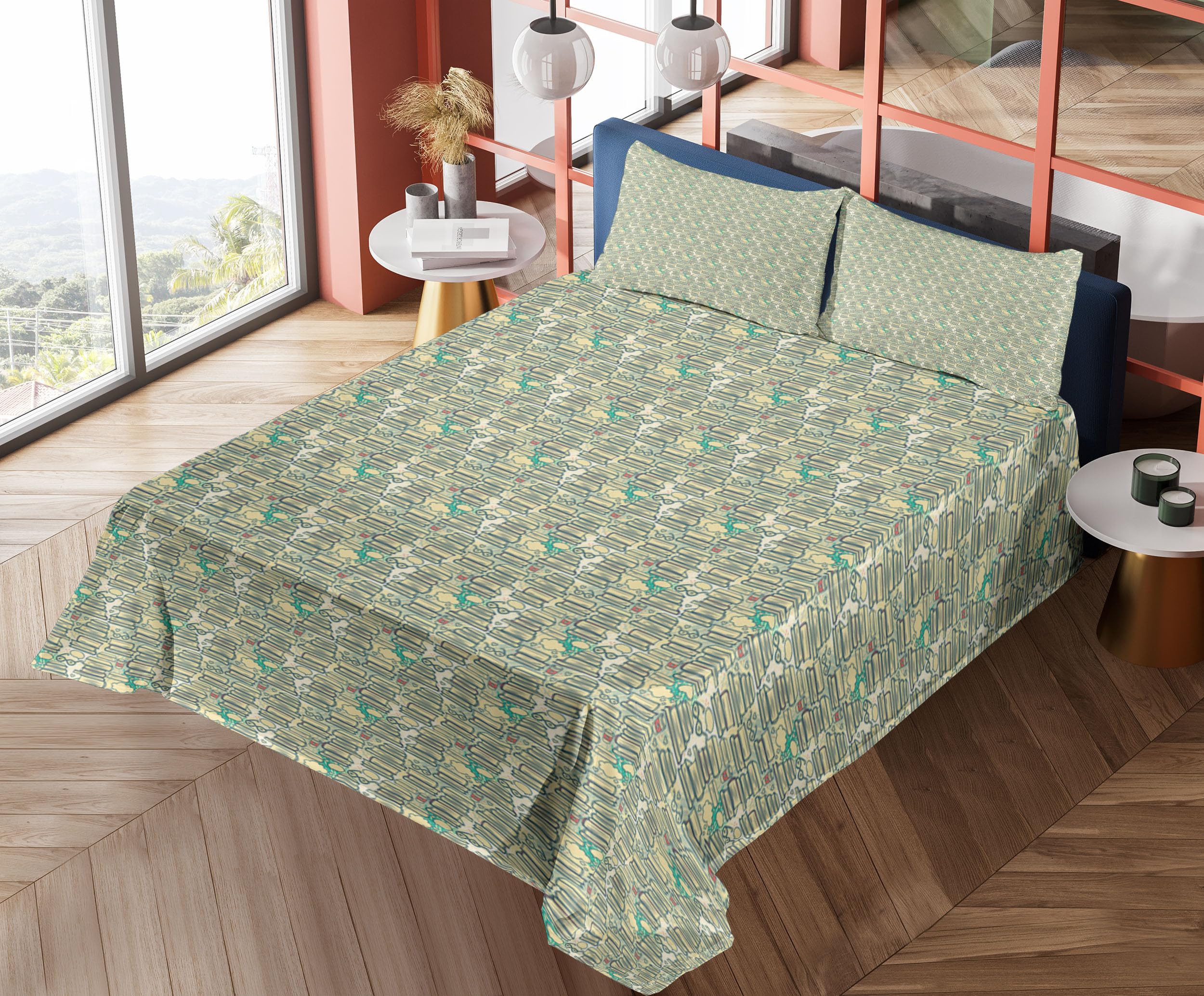 Ambesonne Book Lover 4-Piece Sheet Set - King Size Cream Almond Green with Book Stack Design, Fitted & Flat Sheets + Pillowcases | Perfect for College Dorms, Reading Nooks & Bookworm Bedrooms