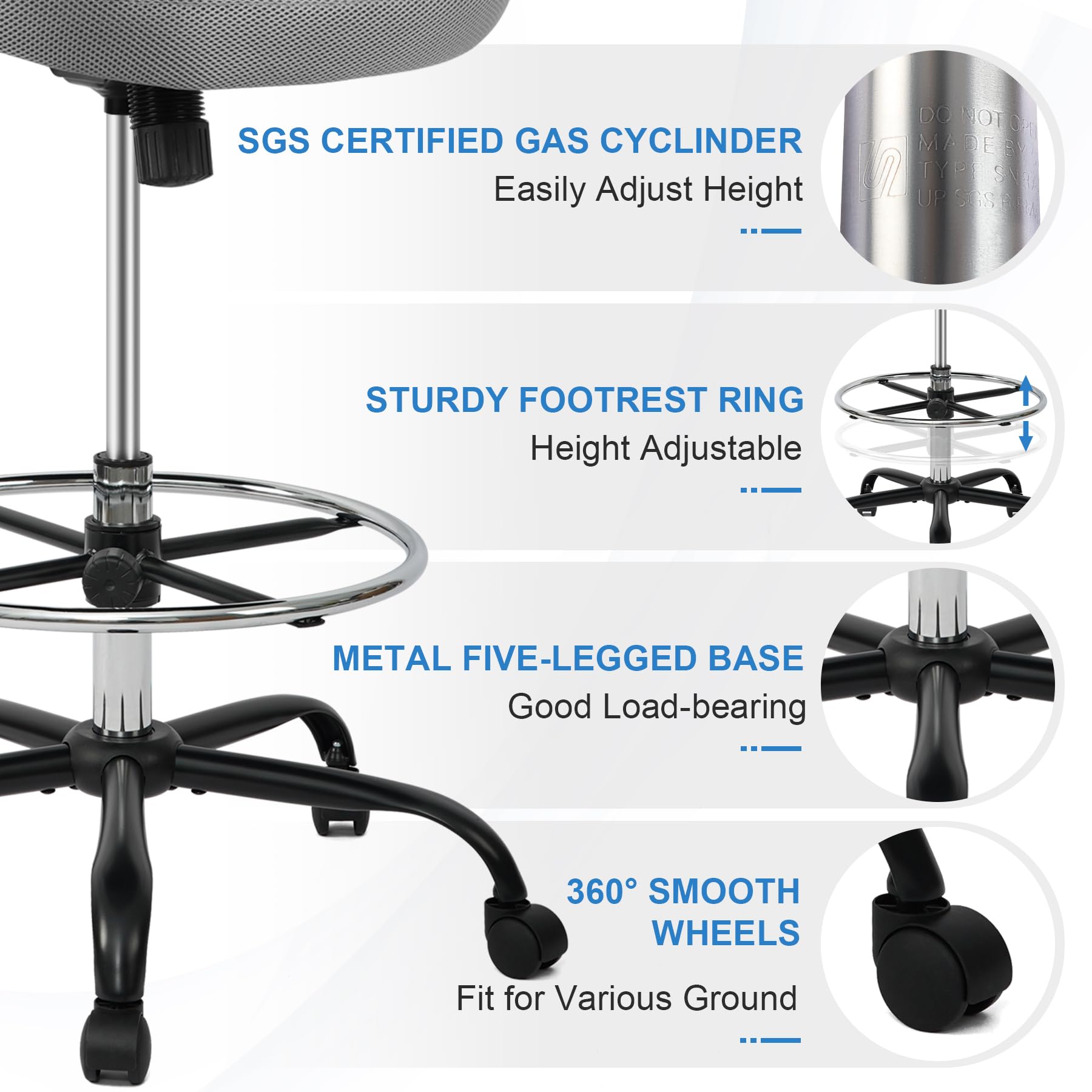 HYLONE Adjustable Drafting Stool - Heavy Duty Standing Desk Chair with Footrest for Office, Gaming & Home Use - Ergonomic Tall Chair for Architects, Artists & Professionals