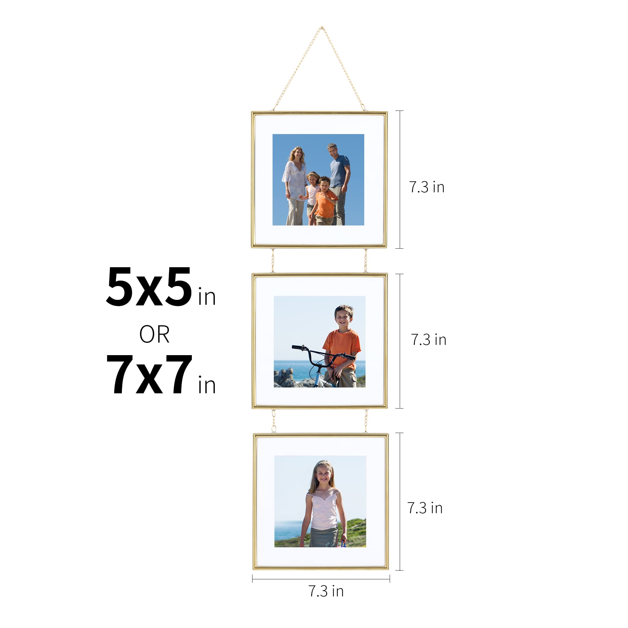 Brushed Gold Metal Picture Frame - 3 Opening Wall Mounted Photo Display with 7x7 Frames (5x5 with Mat) - Perfect for Living Room, Bedroom & Office Decor