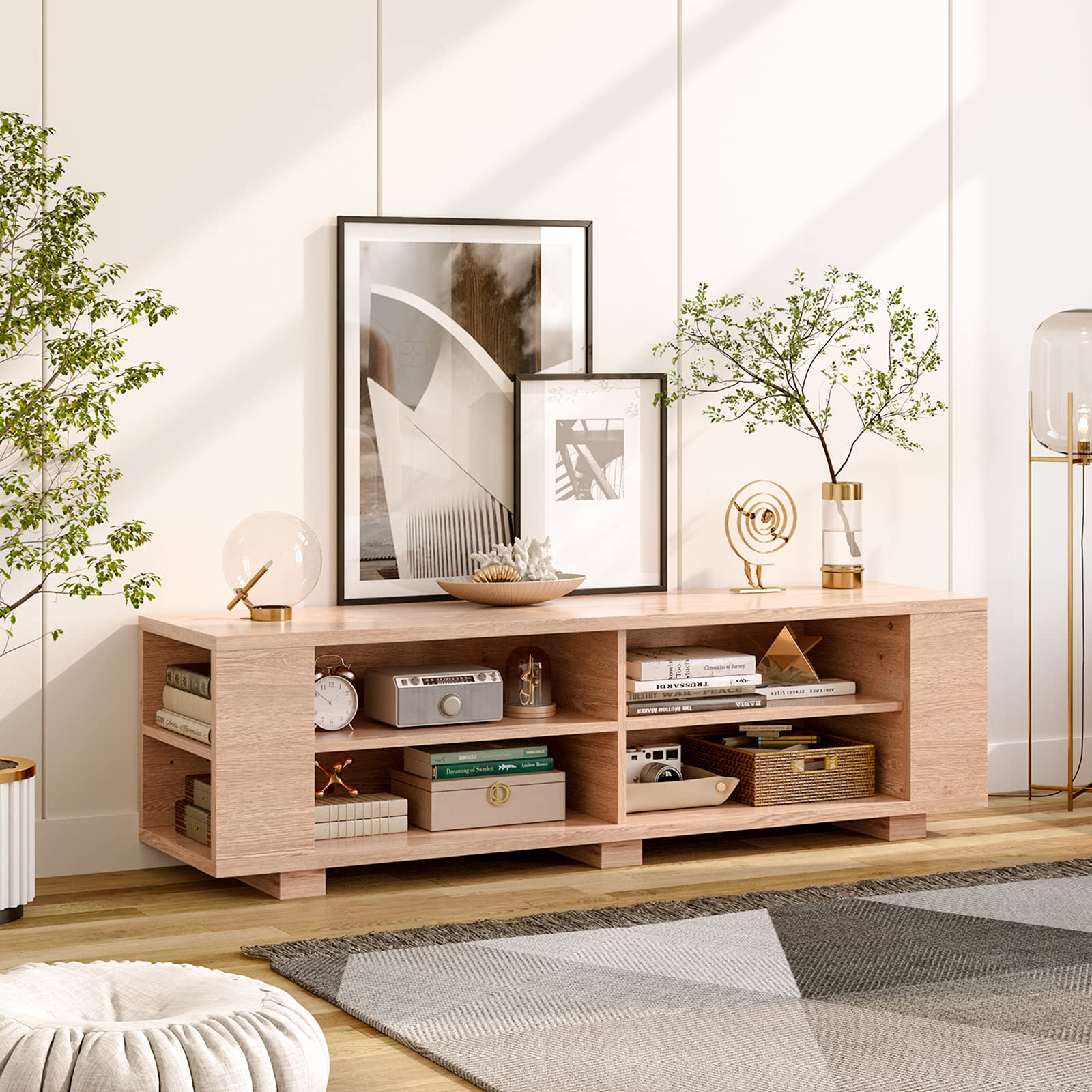 65 Inch Wooden TV Stand with 8 Open Shelves - Modern TV Console Table for Living Room & Bedroom, Entertainment Center with Storage Space | Perfect for Home Theater Setup & Media Organization (Natural-2)