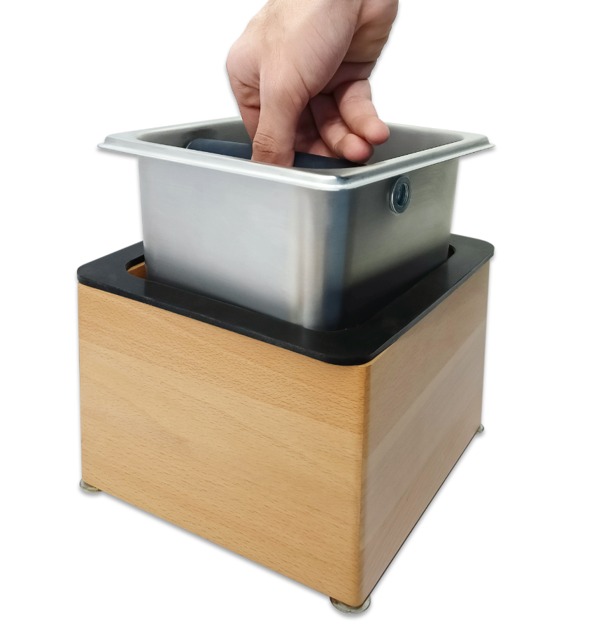 Premium Stainless Steel Knock Box with Wooden Box - Compact Countertop Coffee Grounds Container for Espresso Bars & Home Brewing