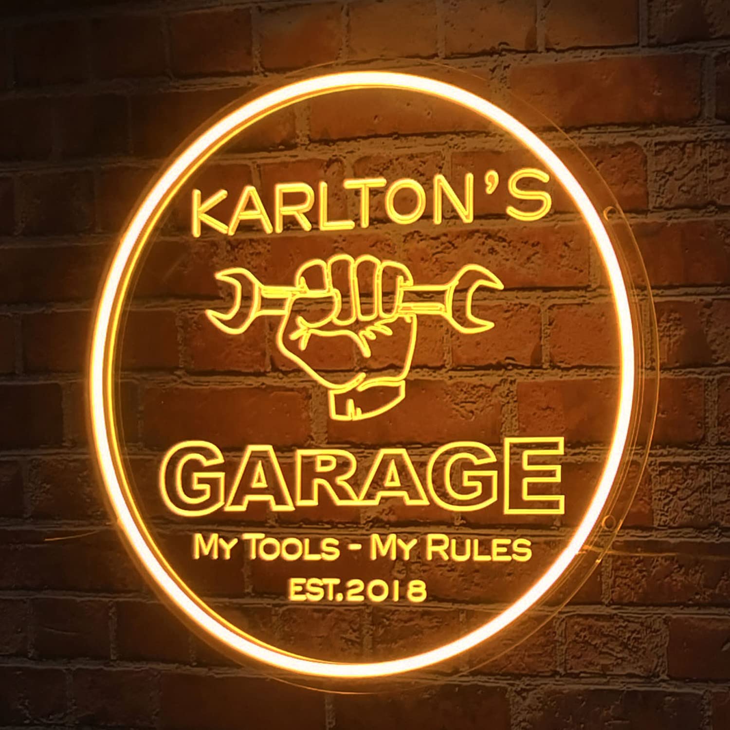Custom Neon Garage Signs - Personalized LED Light Sign for Man Cave, Dad's Workshop & Gifts - 16x16 Inch Round Neon Decor for Home Bar, Garage Wall & Birthday Presents