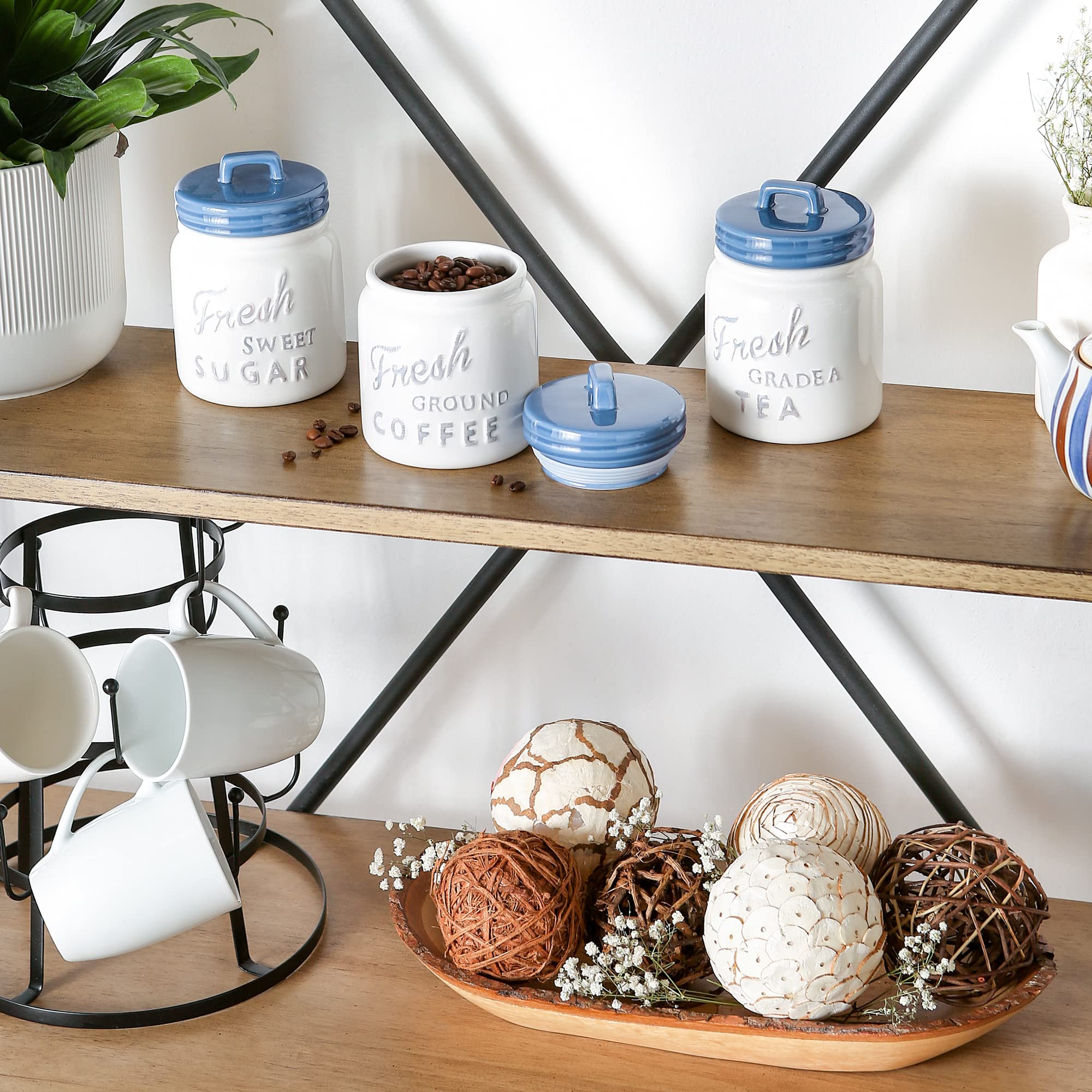 DII Ceramic Canister Set - 3-Piece Kitchen Storage Jars with Airtight Lids, Blue Farmhouse Style - Perfect for Pantry Organization, Flour Sugar Coffee Tea Storage & Home Decor