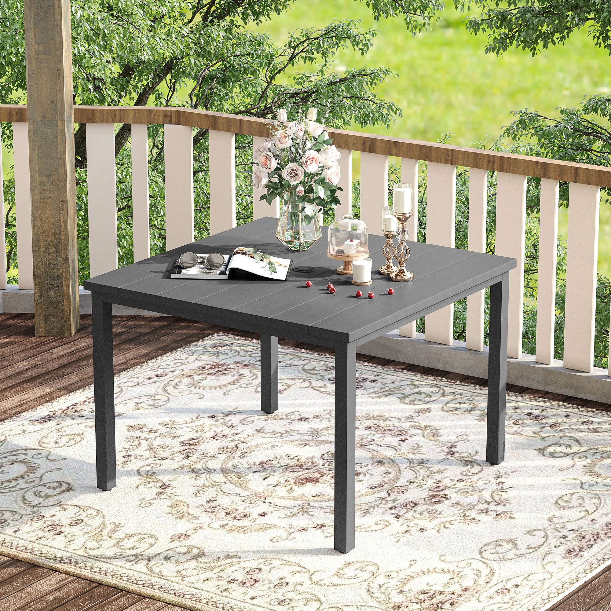 VICLLAX 40.2 Inch Square Outdoor Dining Table for 4 People - All-Weather Metal Patio Table with Umbrella Hole - Grey Garden Table for Lawn, Backyard, Deck & Poolside Dining