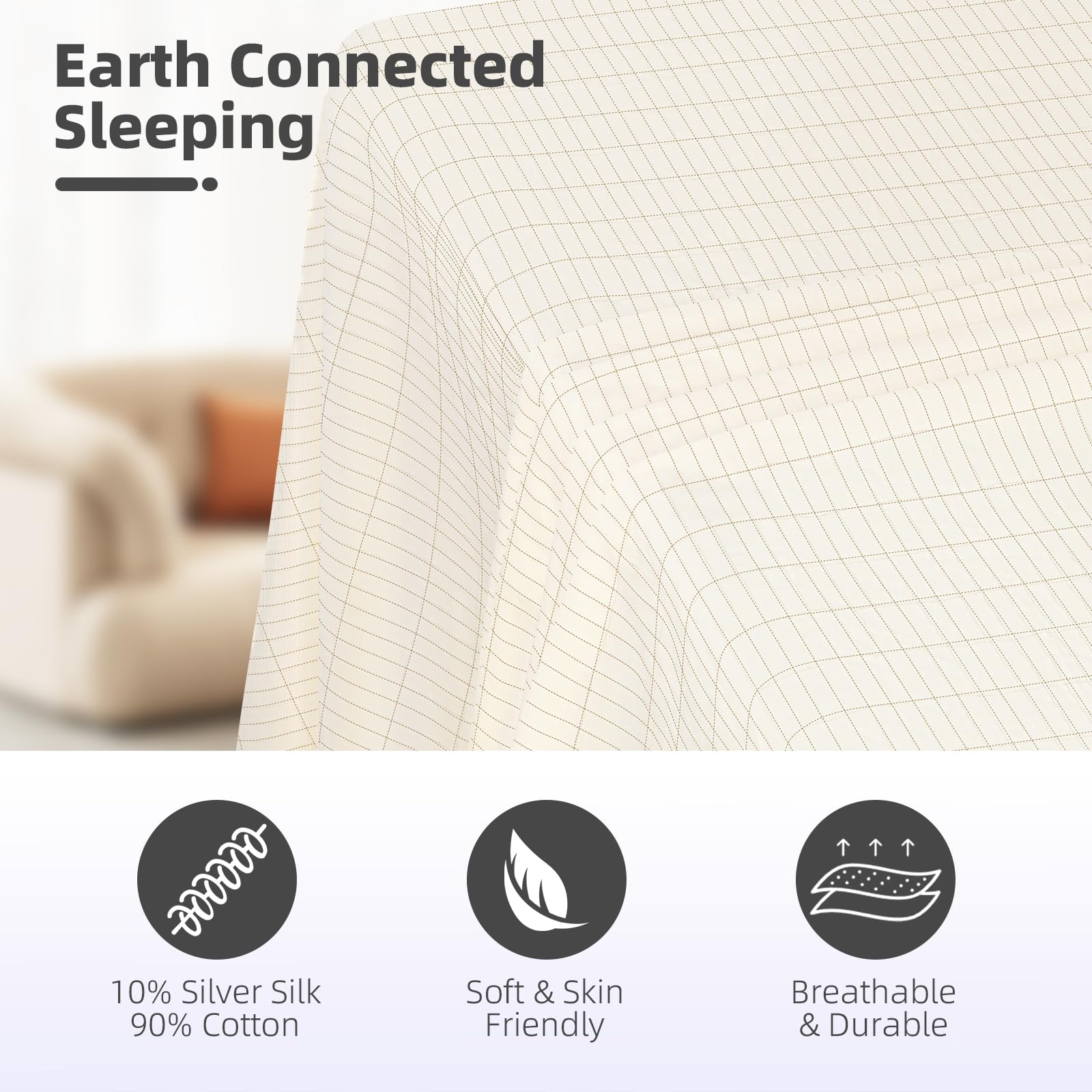 HLLBLL® Grounding Fitted Sheets - 90% Cotton 10% Silver Conductive Bed Sheet with Static Grounding Wire, Includes Test Pen & Socket Tester (Beige, Queen Size) for Better Sleep & EMF Protection - Perfect for Home, Travel & Sensitive Sleepers