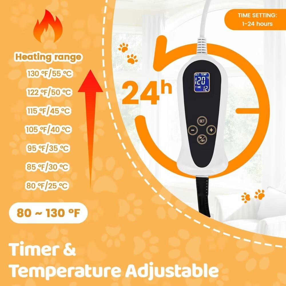 Adjustable Electric Pet Heating Pad for Cats & Dogs - Waterproof Heated Mat with Timer, Temperature Control & Chew-Resistant Steel Cord - Perfect for Indoor Pet Beds, Winter Warmth & Arthritis Relief
