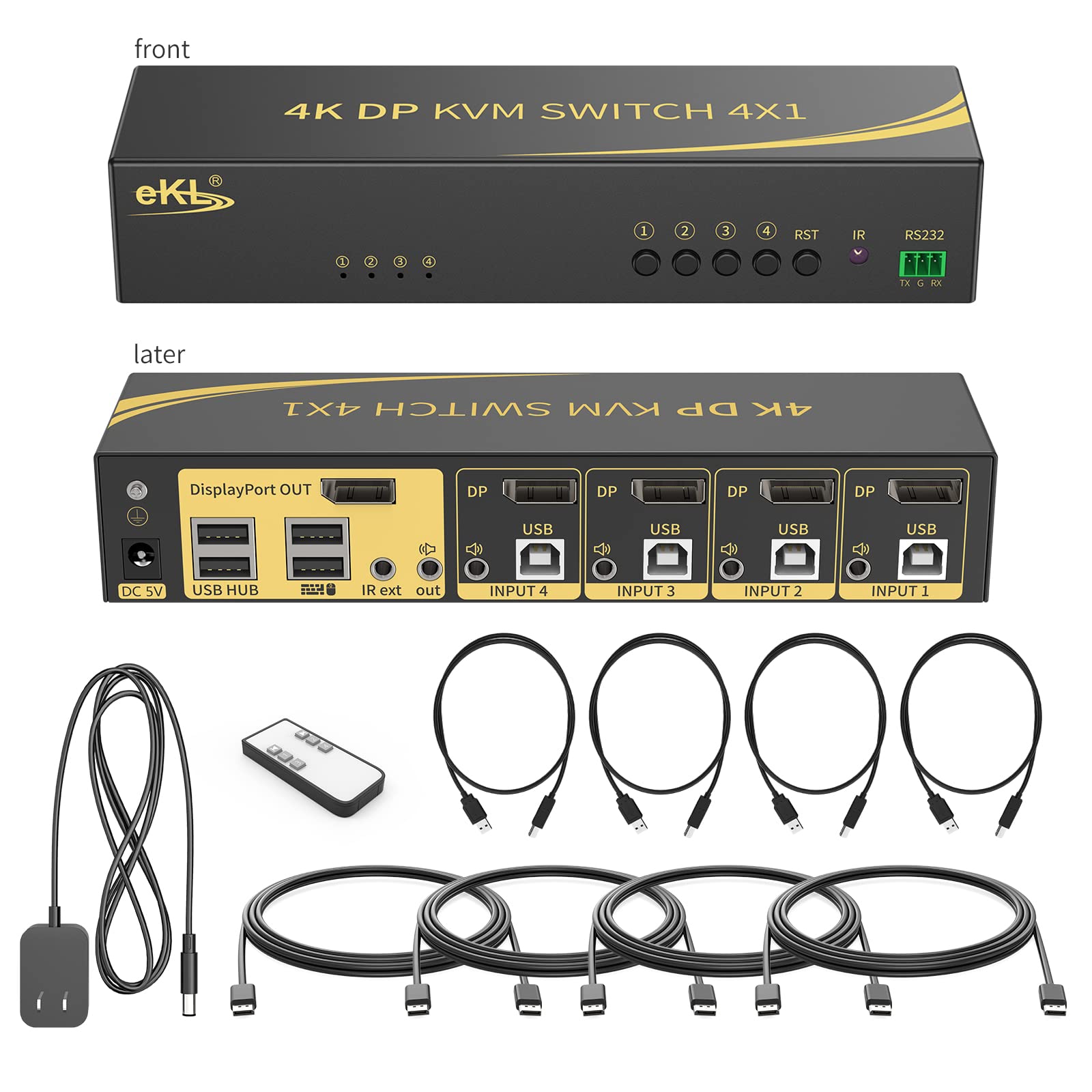 Huasion 4 Port KVM Switch DisplayPort 1.2 - 4x1 HDMI 4K@60Hz 4:4:4 with USB 2.0 Hub, Hotkey Switching for Keyboard, Mouse & Audio - Control 4 PCs for Home Office, Gaming & Multi-Tasking Setup