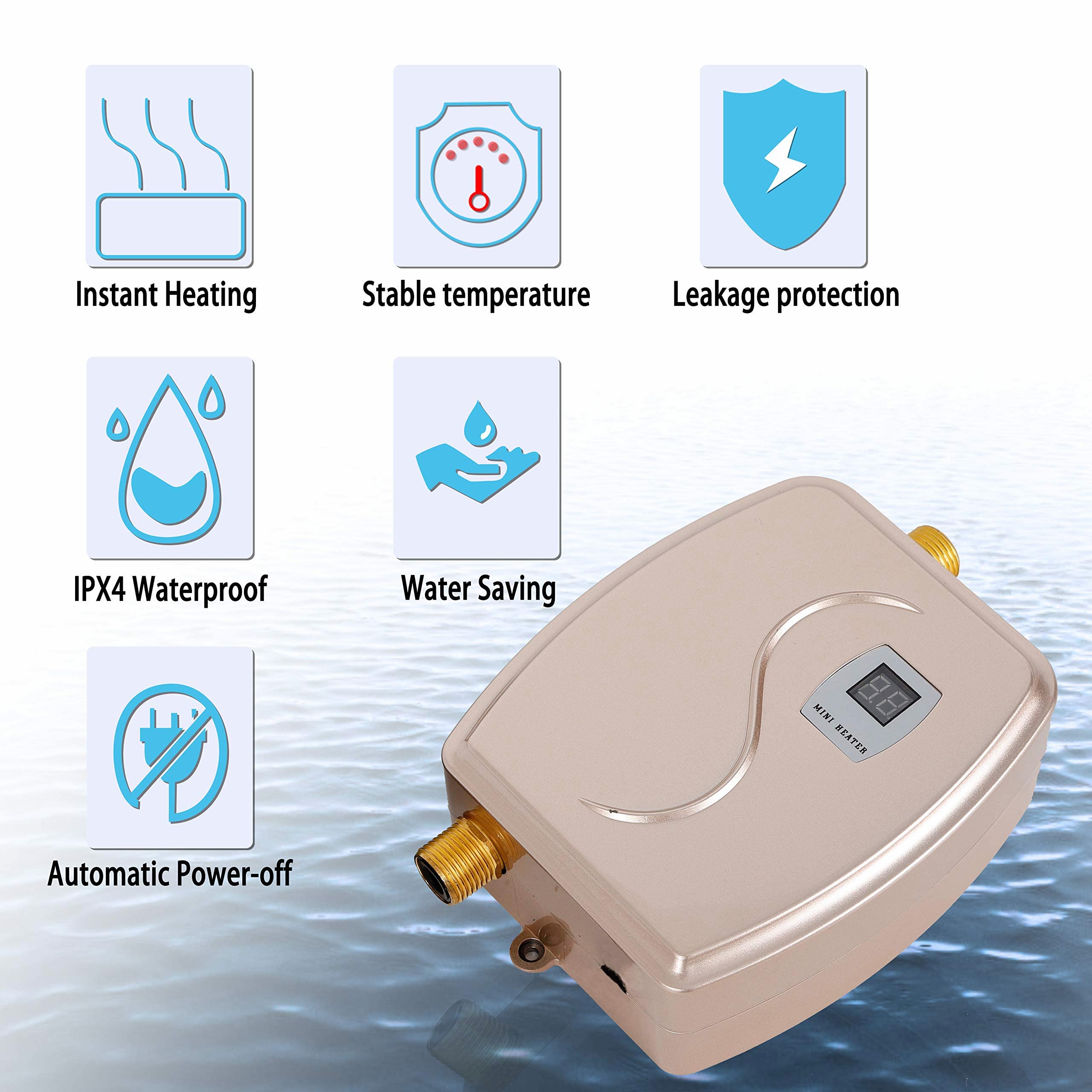 Mini Electric Tankless 110V Instant Hot Water Heater for Kitchen Sink - Under Sink Plug-in On-Demand Water Heater with LCD Digital Display (Gold) - Perfect for Small Homes, Apartments, and RVs