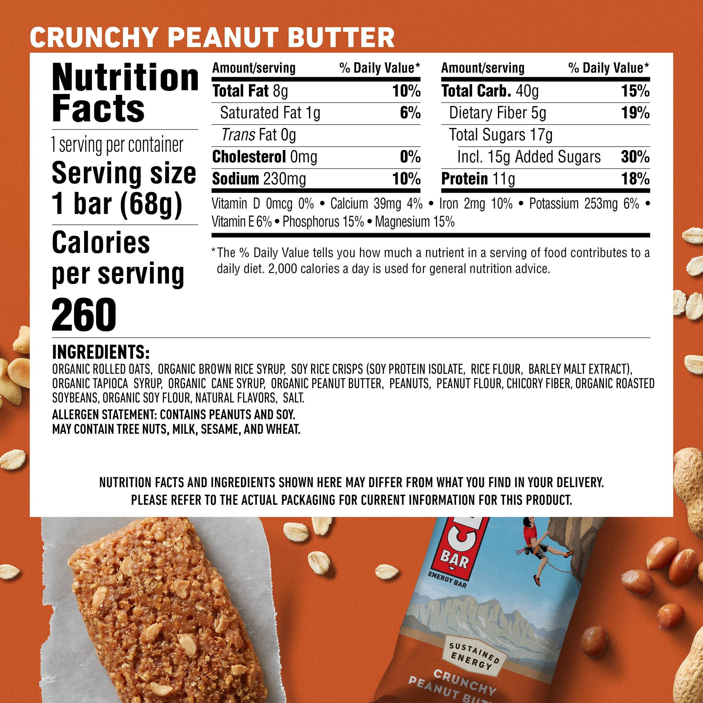 Clif Bar Crunchy Peanut Butter - Organic Oats Energy Bar with 11g Plant-Based Protein, Non-GMO - Perfect for Hiking, Camping & Post-Workout Snacks (2.4 oz)
