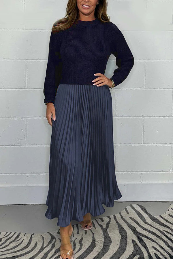 Stylish Knitted Round Neck Long Sleeve Patchwork Pleated Hem Maxi Dress for Women | Elegant Boho Chic Winter Dress | Perfect for Holiday Parties, Date Nights & Casual Outings
