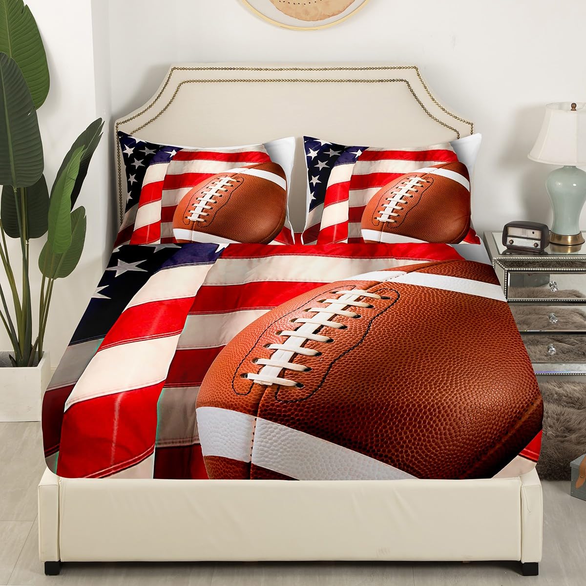 Jejeloiu American Flag Football Fitted Sheet Set - Queen Size Bedding for Kids, Boys & Girls - Rugby Style Athletic Championship Bed Cover with Deep Pockets - Perfect for Game Day Decor, Sports Themed Bedrooms & Fan Room Makeovers