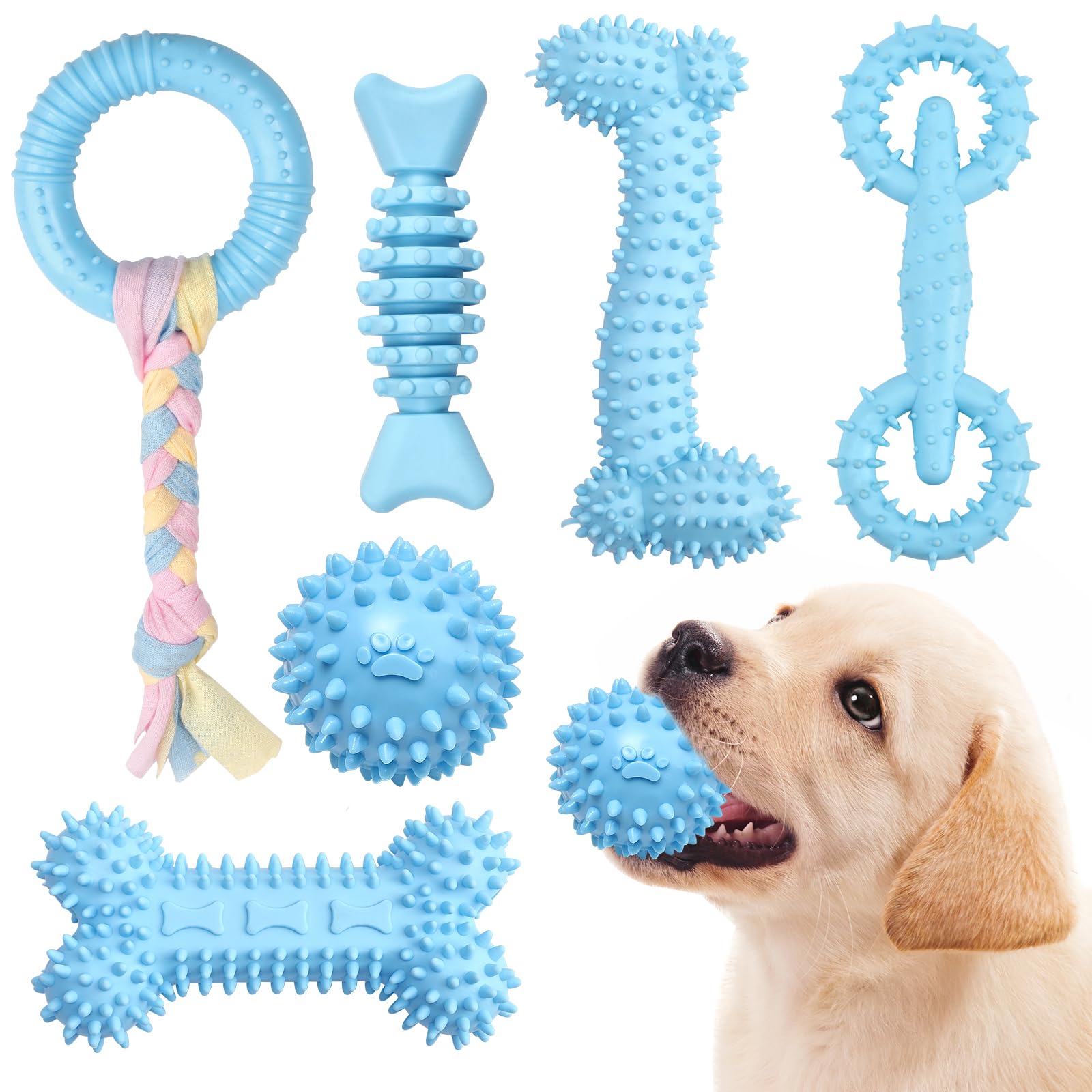 6 Pack Durable Soft Puppy Chew Toys for Small Dogs - Teething Relief, Interactive Dog Toys for Puppies (Light Blue) - Perfect for Training, Boredom Relief & Dental Health