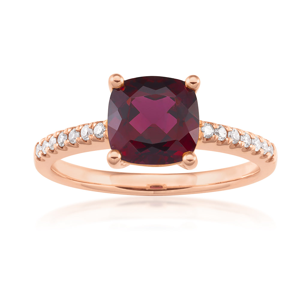9ct Rose Gold 7mm Cushion Cut Rhodolite Garnet Ring with 0.11ct Diamonds - Elegant Jewelry for Women, Perfect for Engagement, Anniversary & Special Occasions