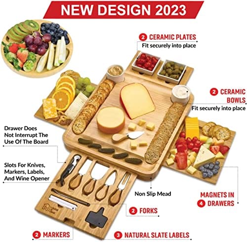 Premium Bamboo Cheese Board Set with 4 Magnetic Drawers - Includes 2 Ceramic Bowls, 2 Serving Plates, Cutlery Knives, Round Tray, 2 Forks & Wine Opener - Perfect for Charcuterie, Wine Tasting, Entertaining, Birthdays, Weddings & Housewarming Gifts
