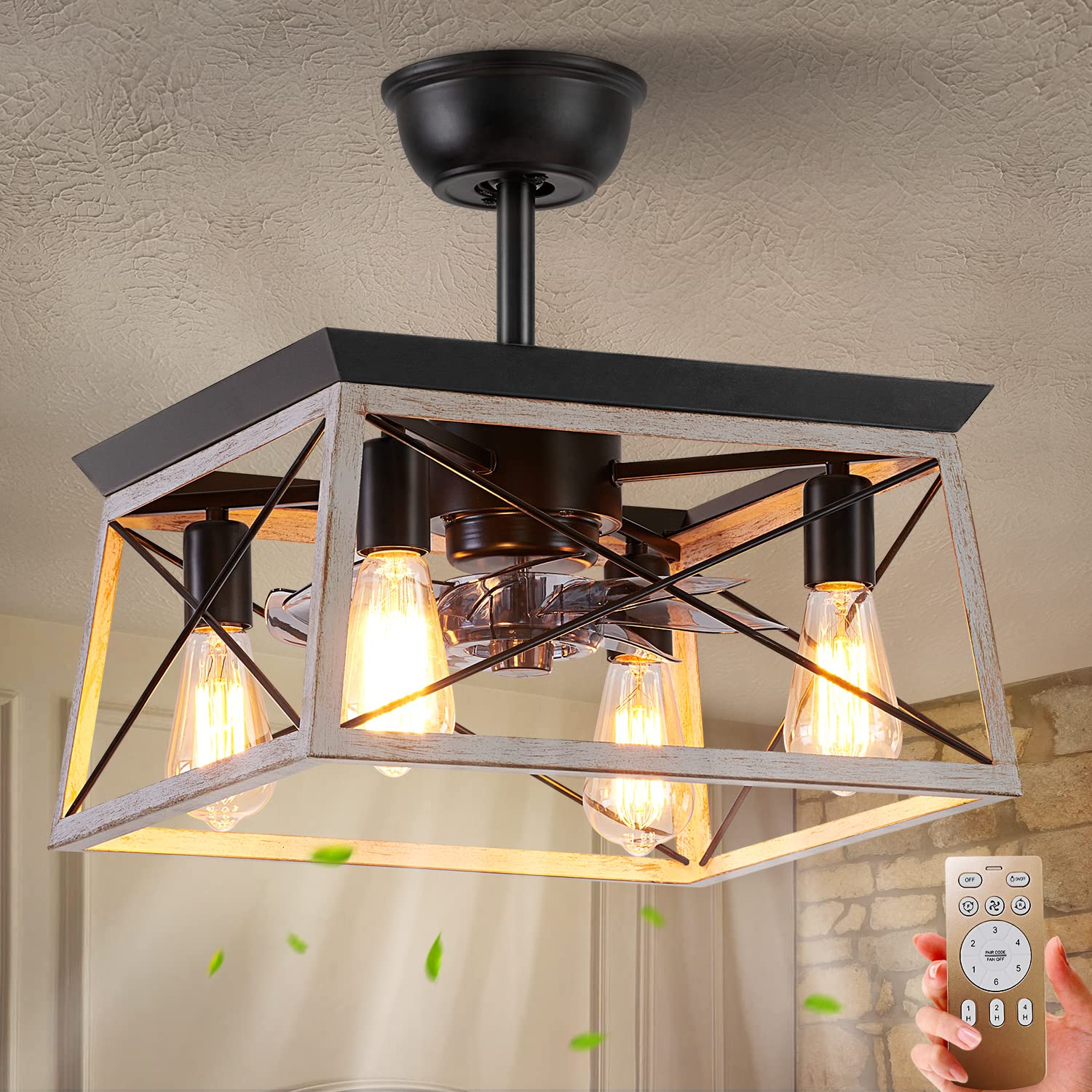 HuixuTe 52 Inch Smart Ceiling Fan with LED Light & Remote Control - 6 Speed Adjustable, Farmhouse Industrial Style, Rustic Cage Design - Perfect for Kitchen, Bedroom, Living Room & Outdoor Patio
