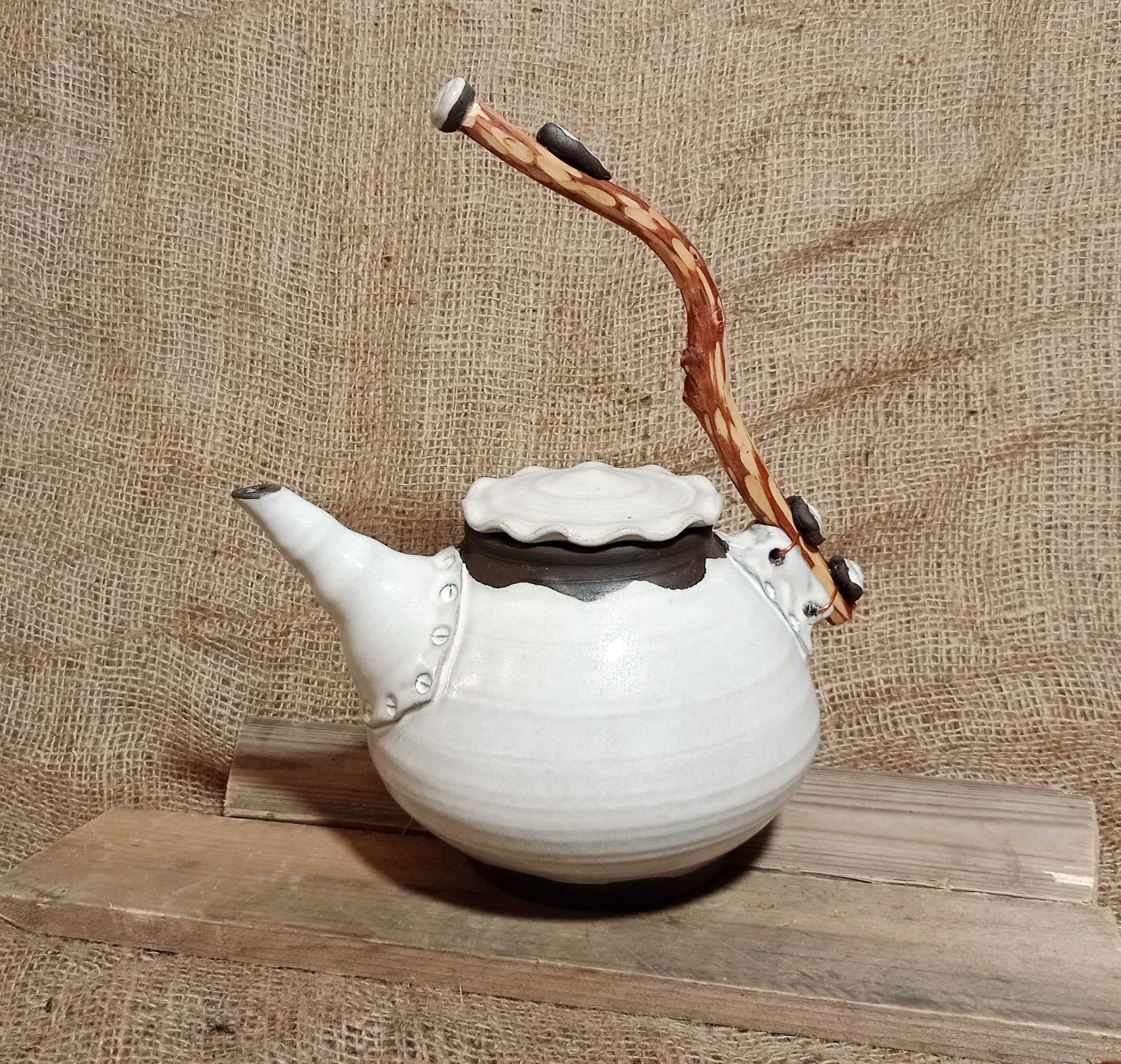 Handmade 60 Oz Black Clay Teapot with Natural Wood Handle - Unique Wheel-Thrown Cream Kitchenware - Perfect Gift for Mom, Tea Lovers & Home Decor