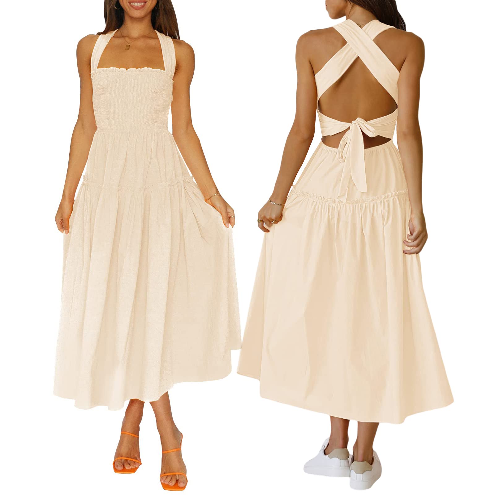 Women's Summer Pleated Maxi Dress - Halter Neck, Cross Back Beach Sundress with Smocked Waist & Flowy Tiered Skirt | Perfect for Beach Parties, Vacations & Summer Outings