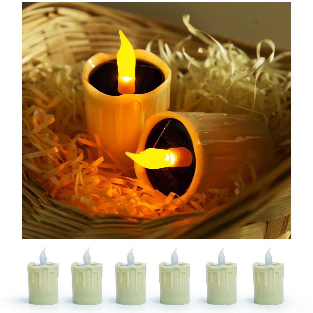 Solar Powered LED Candle Lights - Warm Yellow Flickering Flameless Tea Lights with 6 Pack, Waterproof Outdoor Solar Charging Candles for Wedding, Valentine's Day, Halloween, Christmas Decorations - Perfect for Garden, Patio, Pathway and Tabletop Decoration
