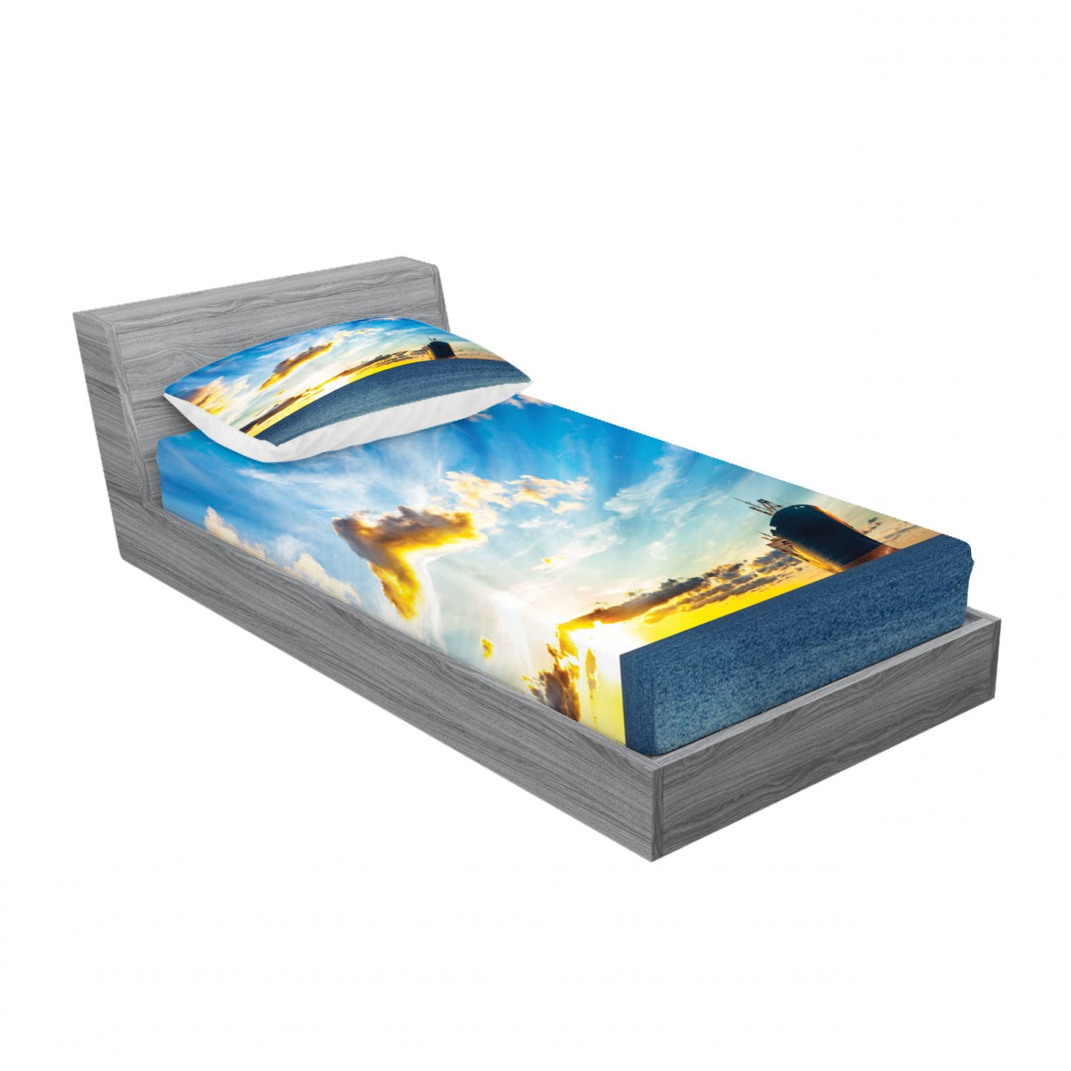 Ambesonne 2-Pack Nautical Twin XL Fitted Sheets & Pillow Sham Set - Ocean Sunset Sailboat Design, 4-Piece Blue Coastal Bedding Decor | Perfect for Beach House, Guest Room & Nautical Themed Bedrooms