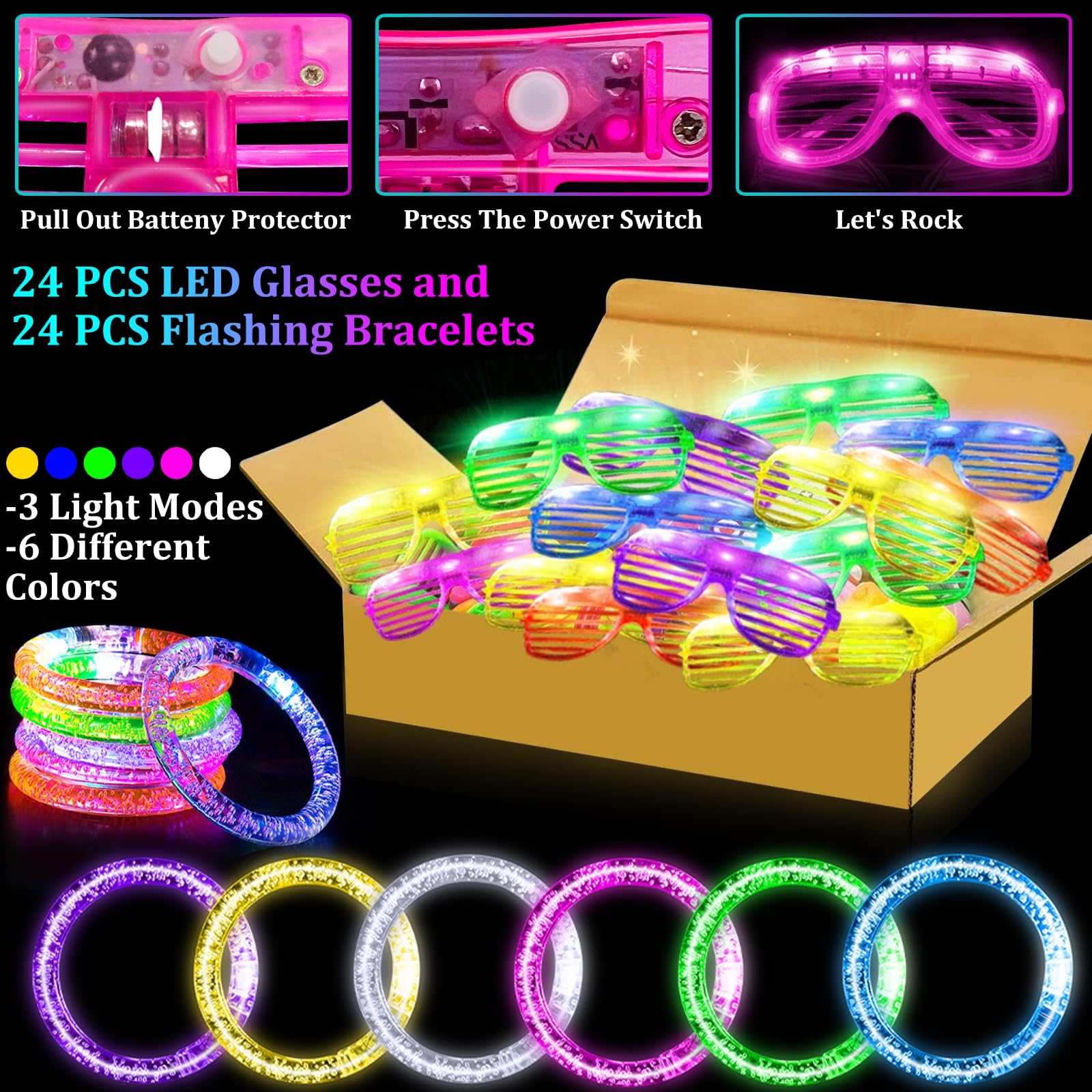 TURNMEON 148-Piece Glow in the Dark Party Kit - 24 LED Glasses, 24 Flashing Bracelets & 100 Glow Sticks Bulk - Perfect for Kids & Adults Birthday, Wedding, Carnival & Concert Night Events