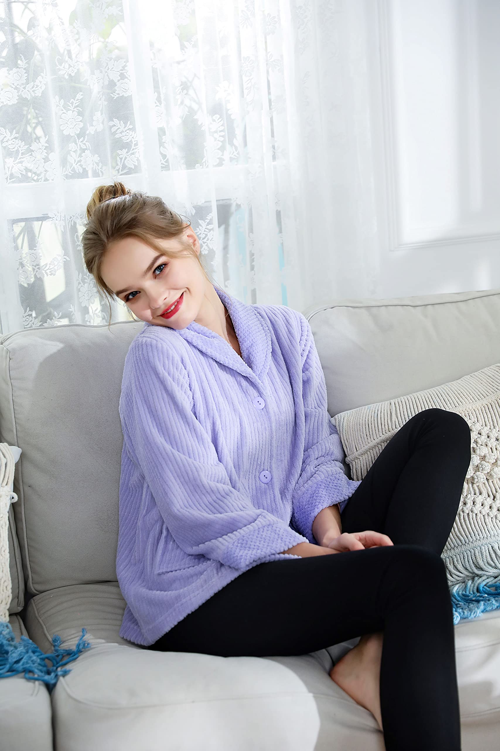 Women's Light Purple Drop Needle Coral Fleece Shawl Collar Button Front Bed Jacket - Cozy Loungewear for Relaxing at Home, Reading & Nursing