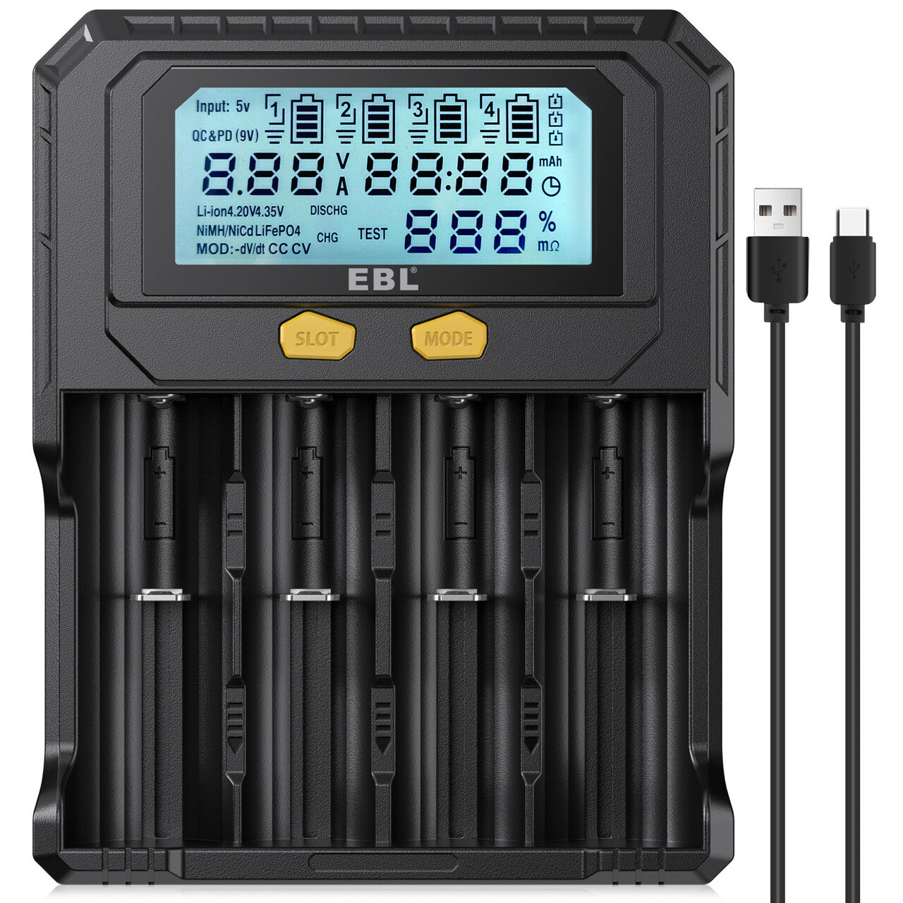 EBL 18650 Lithium Battery Charger with Discharge & Testing Functions - Universal 3.7V Li-ion Battery Charger for Flashlights, Vape Mods & Electronic Devices - Fast Charging with LCD Display & Safety Protection