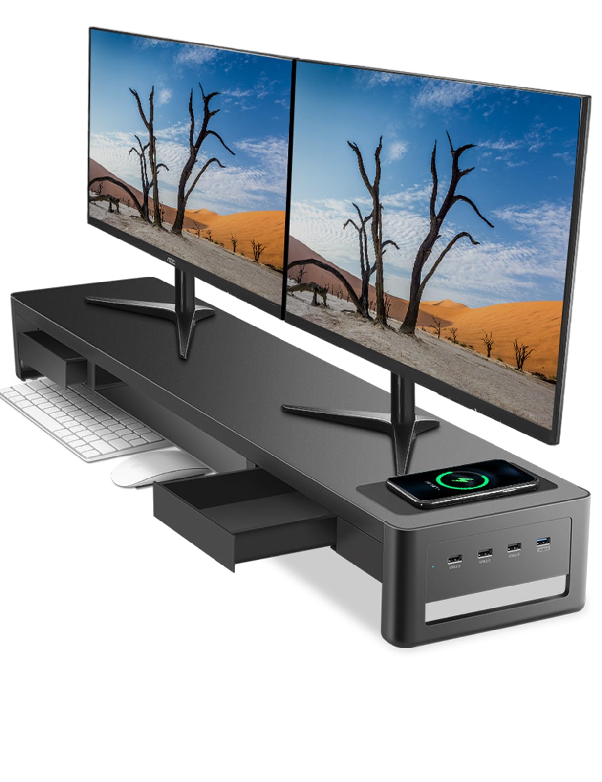 Dual Monitor Stand Riser with 2 Drawers & 4 USB Ports - Metal Monitor Stand for 2 Screens with Wireless Charging Pad & Data Transfer - 38.7 Inch Desk Organizer for PC Workstation & Gaming Setup