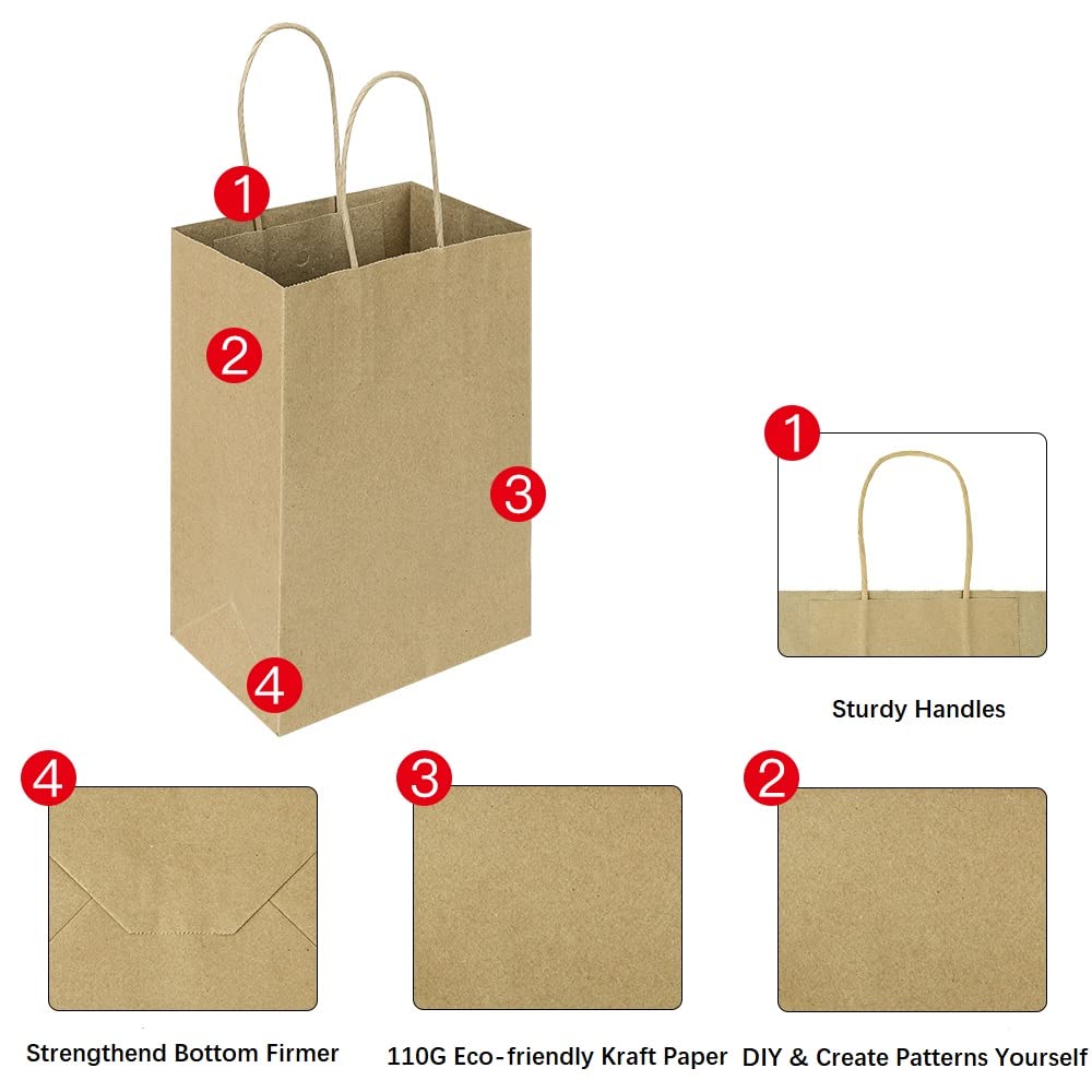 100 Pack Small Brown & White Kraft Paper Gift Bags with Handles - Bulk Eco-Friendly Party Favor Bags for Weddings, Baby Showers & Birthday Gifts