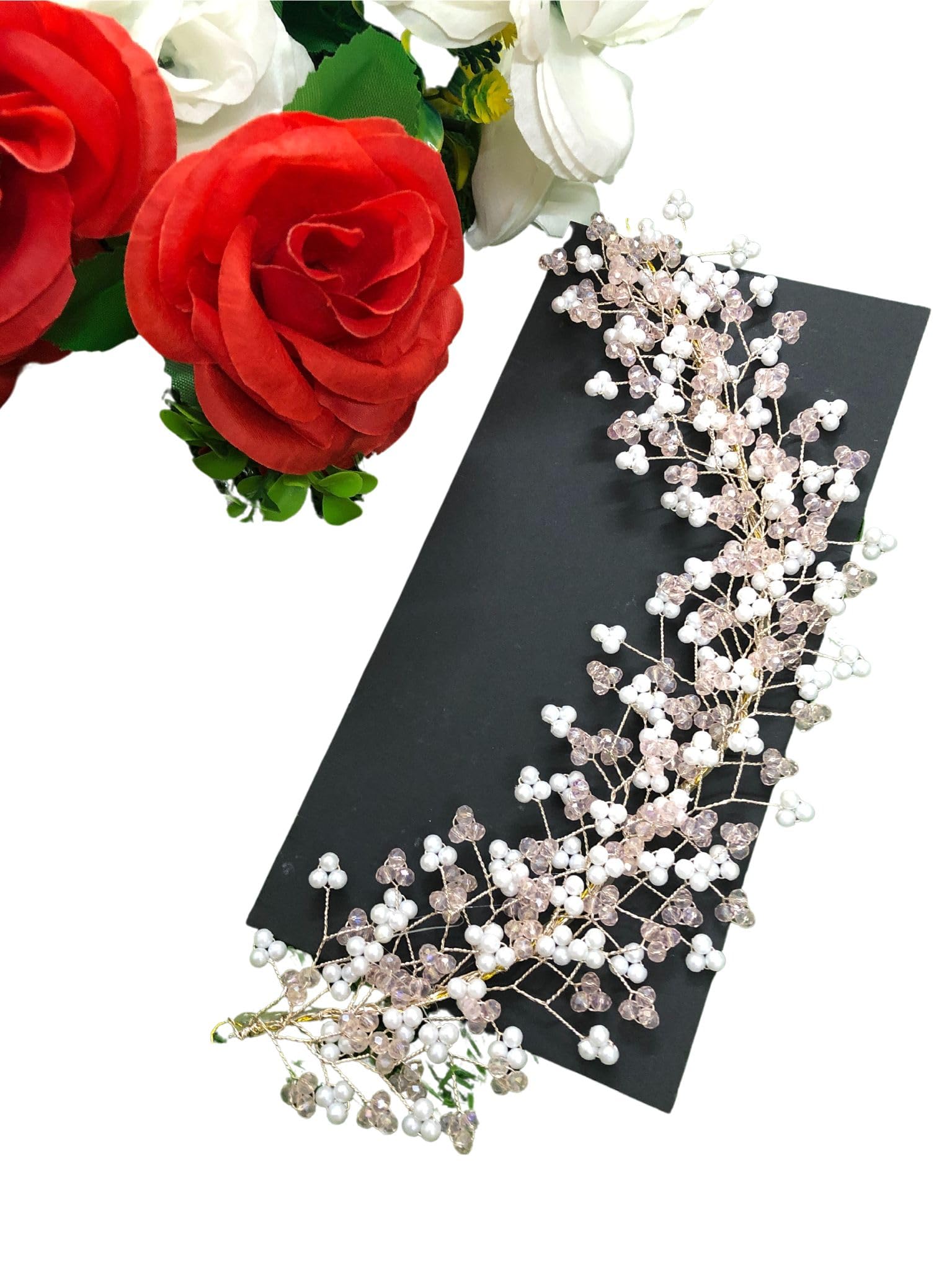 Samyak Crystal Pearl Hair Tiara Headband - Elegant Bridal Hair Accessory for Women | Wedding, Bridesmaid, Prom, Party | Sparkling Hair Vine with Pearls for Updo, Bun, or Half-Up Styles (Pink, 1 Pack)