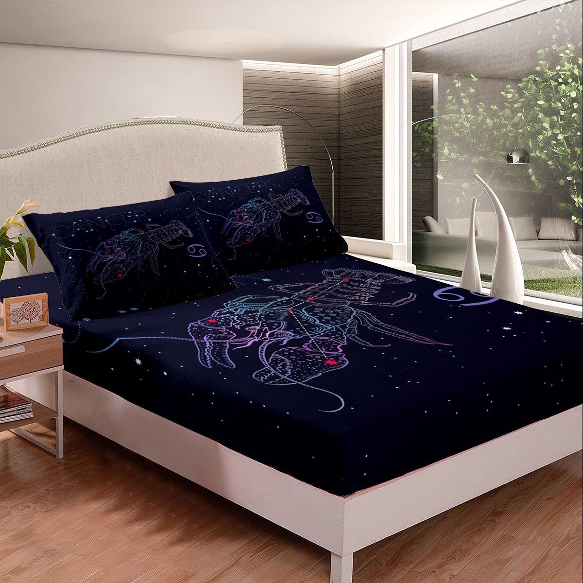 Feelyou Cancer Constellation Bedding Set - Galaxy Star Astronomy Twin Sheet Set with 1 Fitted Sheet & 1 Pillowcase | Space Themed Bedroom Decor for Kids & Adults | Perfect for Astronomy Lovers & Zodiac Enthusiasts