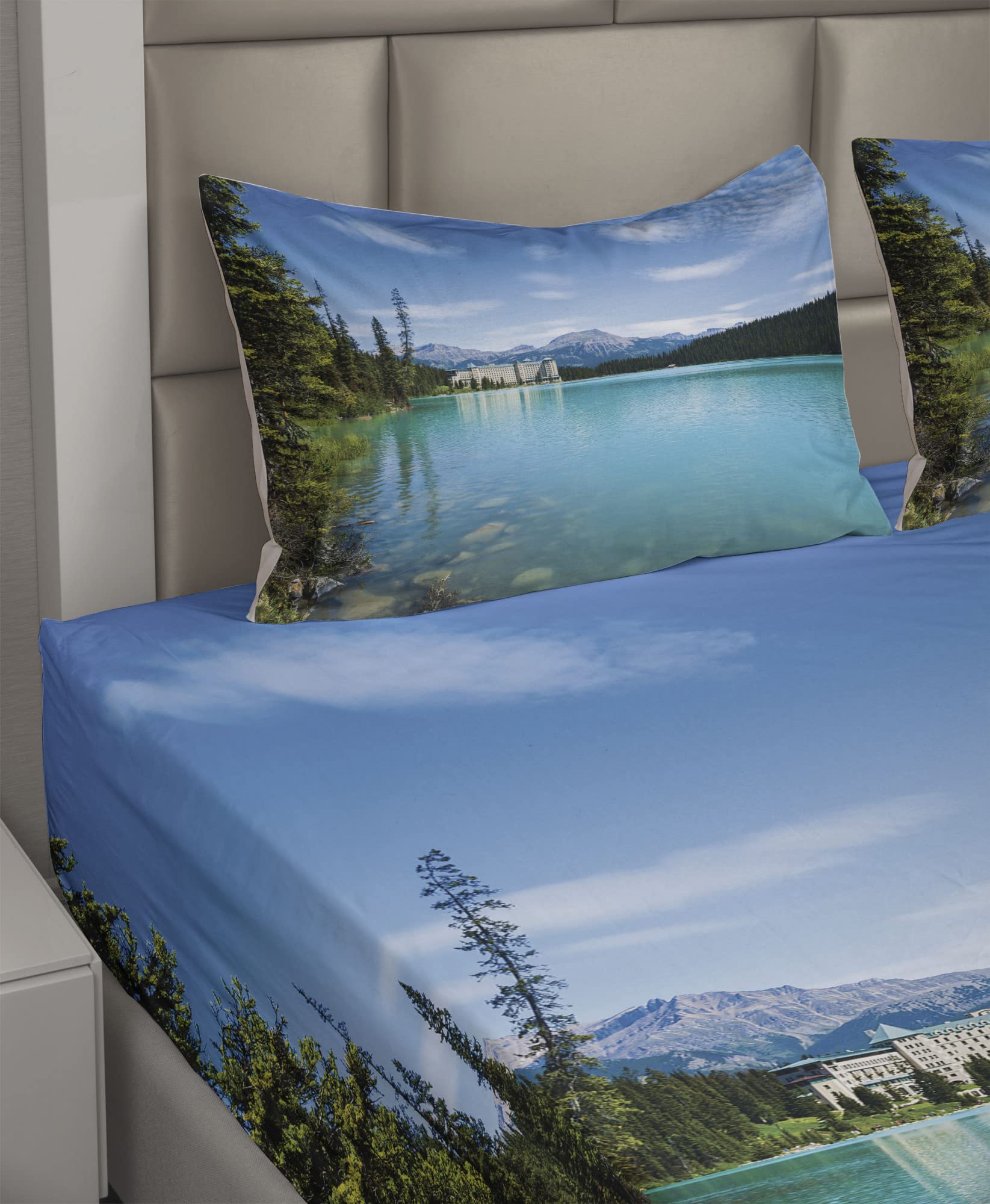 Ambesonne Historical Castle Landscape Sheet Set - 4 Piece King Size Bedding with Fitted Sheet, Flat Sheet & Pillowcases - Turquoise Green Canadian Rural Art Design for Luxurious Bedroom Decor | Perfect for Guest Rooms, Vacation Homes & Castle-Themed Bedrooms