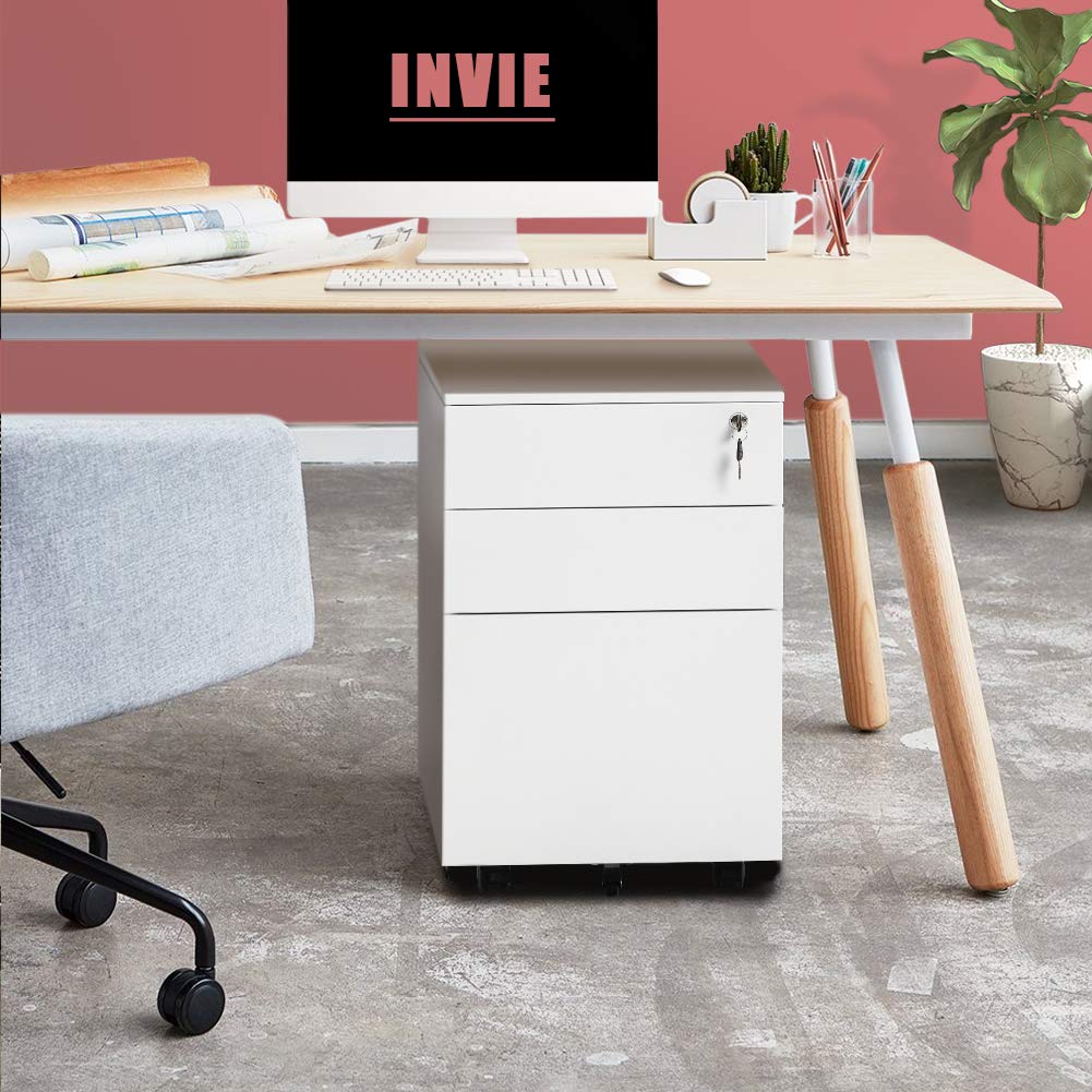 INVIE 3-Drawer Locking Mobile File Cabinet - White Metal Vertical Rolling Storage with Hanging Frame | Perfect for Office, Home & School Organization