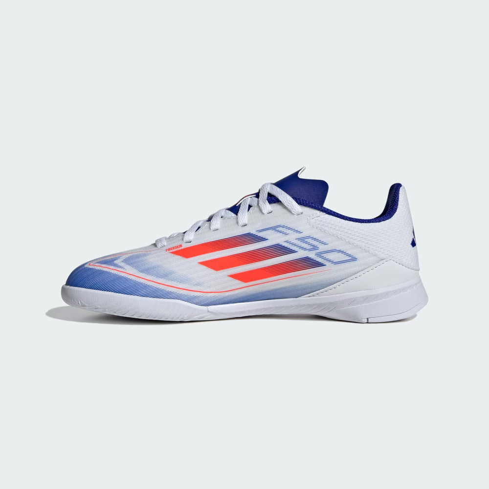 Adidas F50 League Junior Indoor Soccer Shoes for Kids - White/Solar Red/Lucid Blue - Perfect for Indoor Training & Youth Football Games