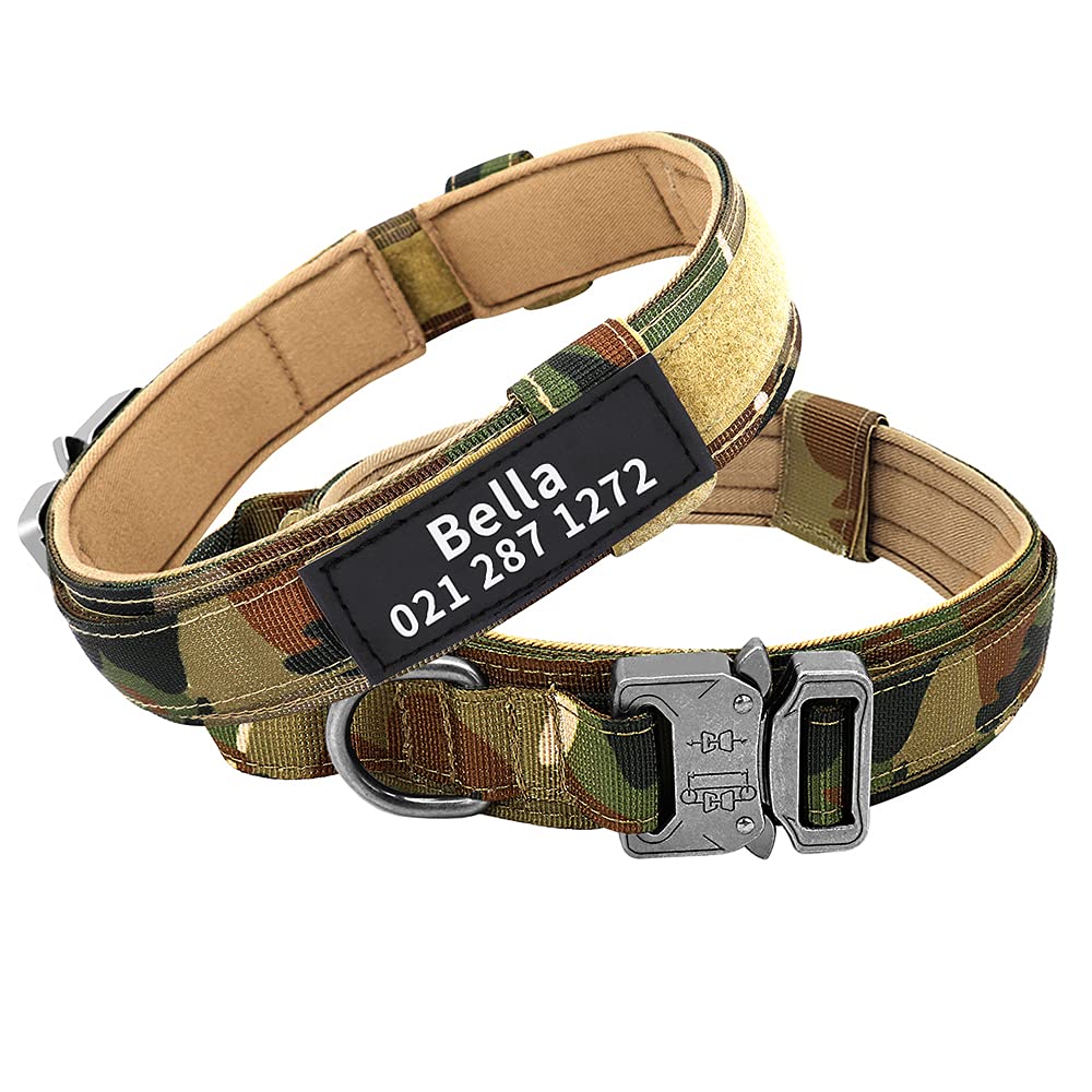 Custom Military Tactical Dog Collar with Handle & Name Tag - Durable Nylon Pet Collar for Medium Large Dogs - Walking, Training, Outdoor Adventures (Camo, Size M)