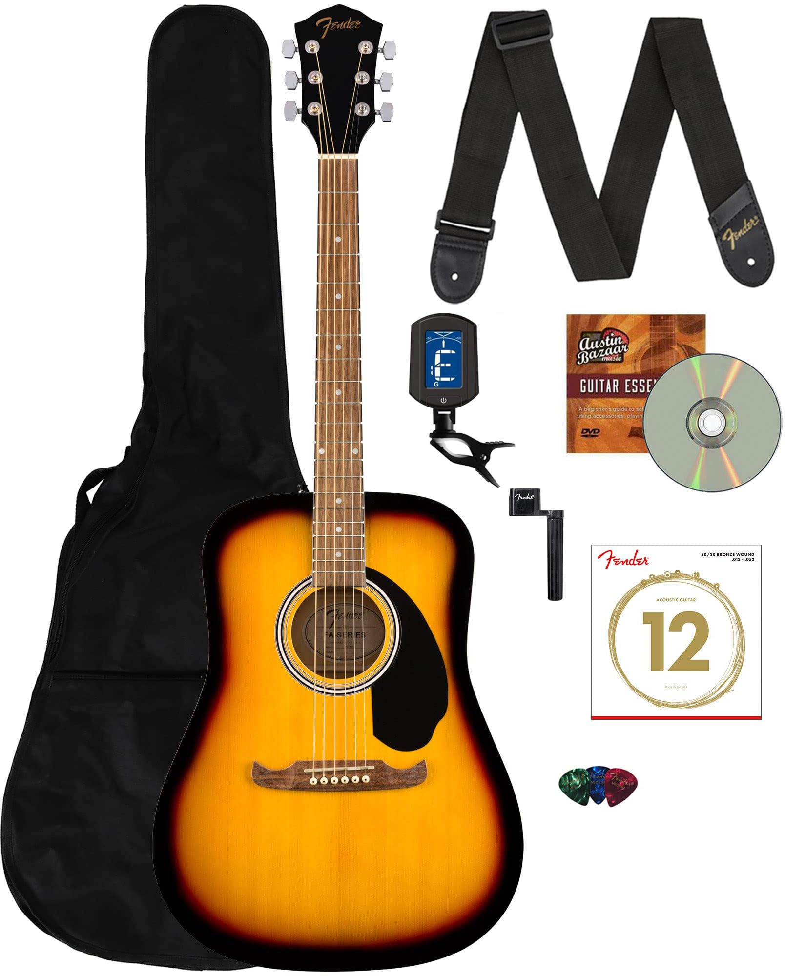 Fender FA-125 Dreadnought Acoustic Guitar Sunburst Bundle with Gig Bag, Tuner, Strap, Strings, Picks & Instructional DVD - Perfect for Beginners, Campfire Jam Sessions & Home Practice