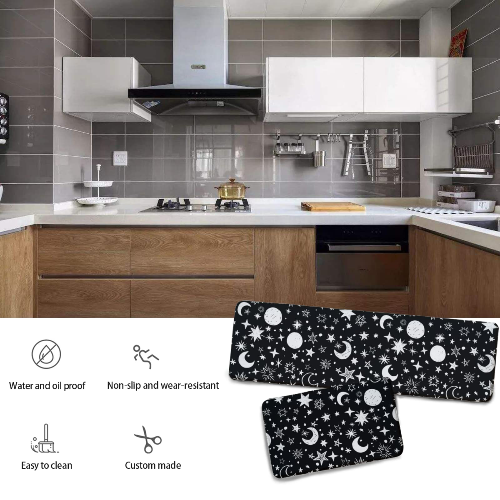 Black and White Moon & Star Pattern Non-Slip Kitchen Rug Set - 2-Piece Washable Flannel Floor Mats for Kitchen, Bathroom, Laundry Room - Soft Runner Rugs for Home Decor & Safety (One Size)