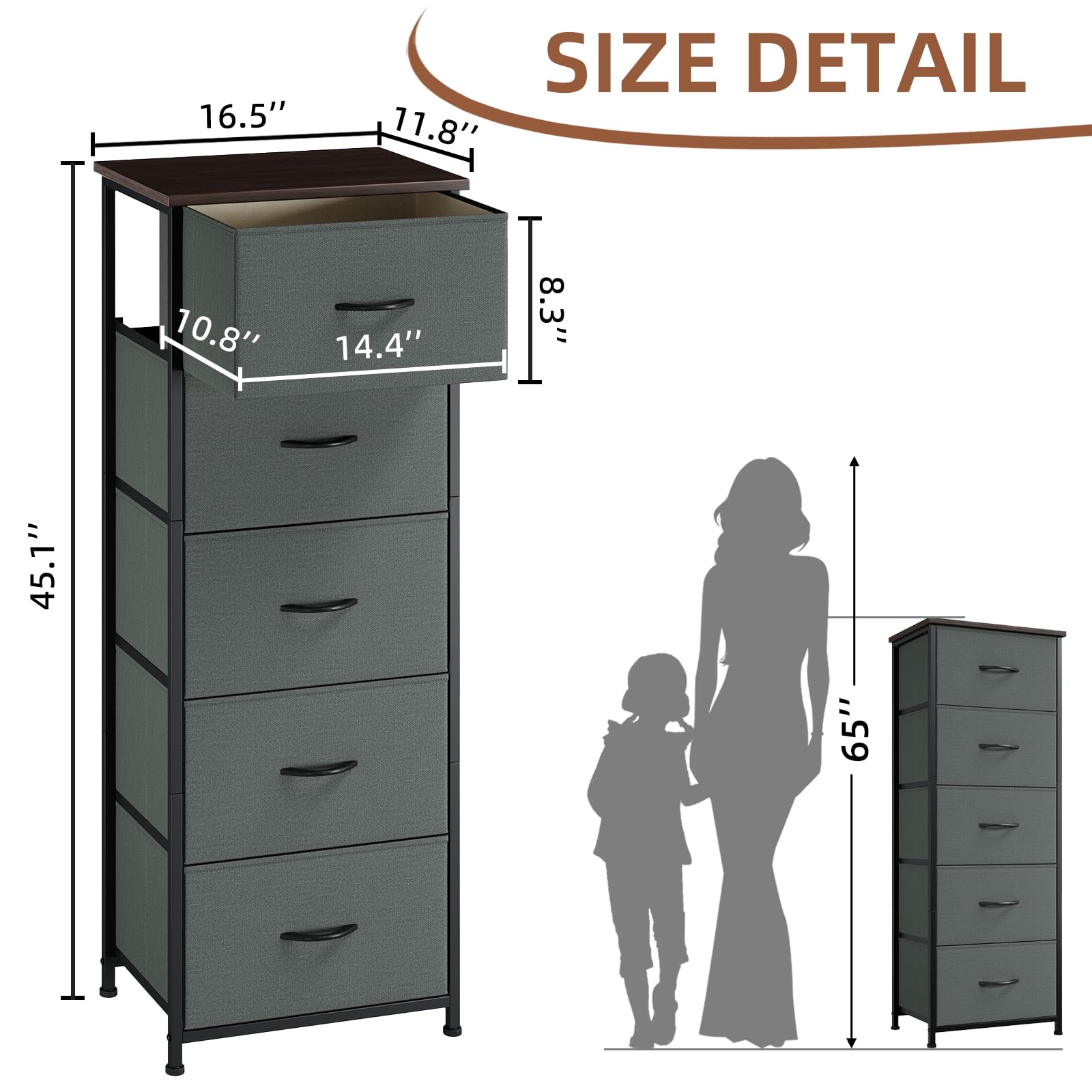 Somdot 5-Drawer Tall Dresser for Bedroom Storage - Charcoal Grey Chest of Drawers with Removable Fabric Bins | Perfect for Closet Organization, Nursery, Laundry Room, Living Room & Entryway