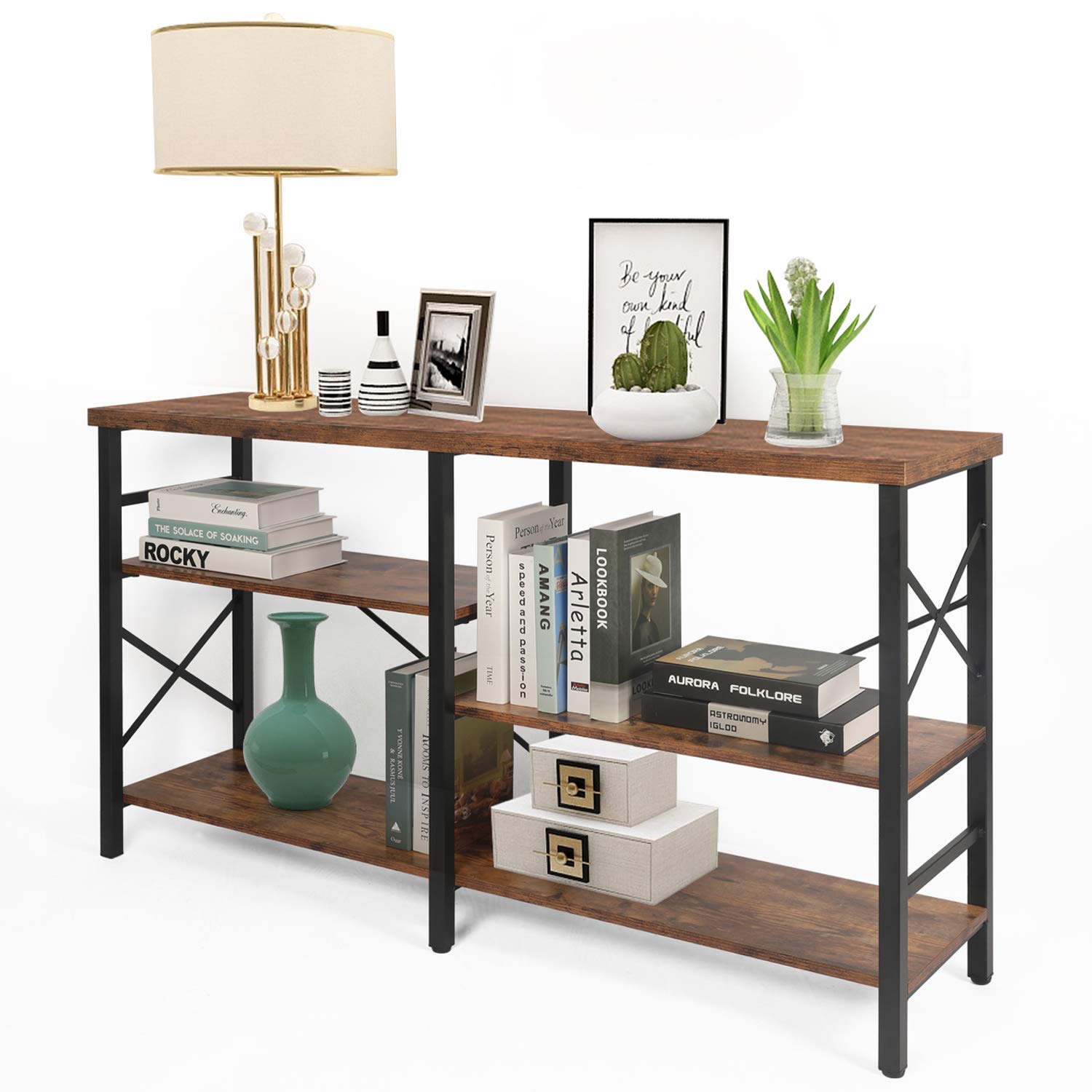 Industrial Console Table for Entryway - Narrow Long Sofa Side Table with Open Bookshelf, Brown - Perfect for Living Room, Hallway & Small Spaces