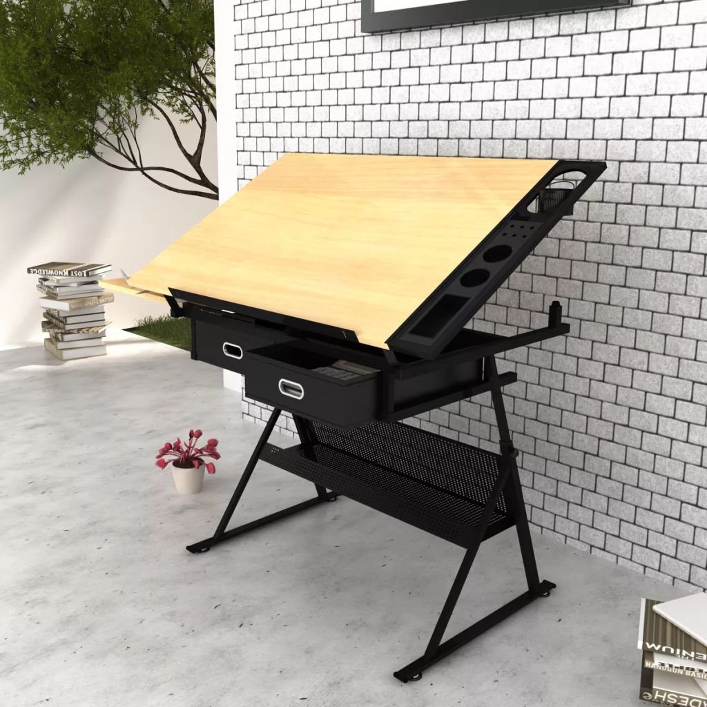 EstaHome Adjustable Height Drafting Desk with Stool & 2 Drawers - Tiltable Art Table for Drawing, Writing, Reading & Crafting | Sturdy MDF & Iron Construction | Perfect for Artists, Students & Home Office Workspaces