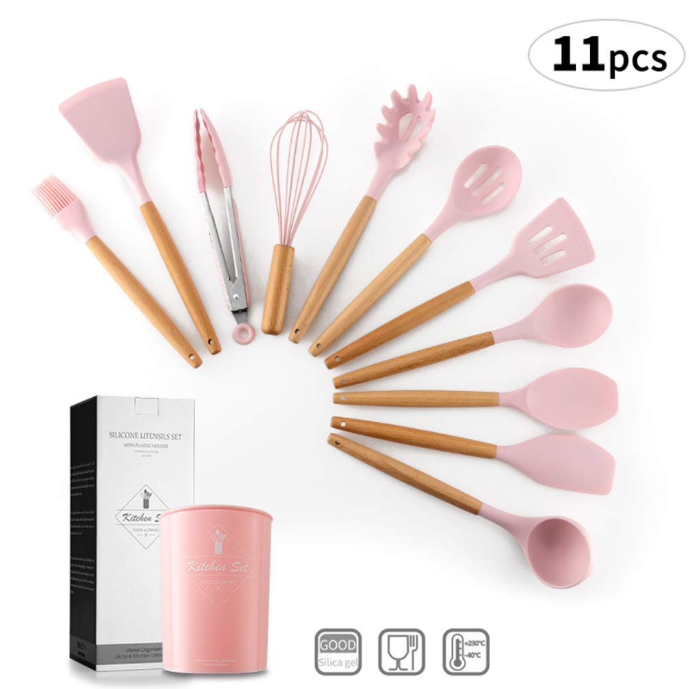 12-Piece Silicone Kitchen Utensil Set with Bamboo Wooden Handles - Non-Slip Cooking Tools in Red - Perfect for Baking, Frying, and Everyday Meal Prep