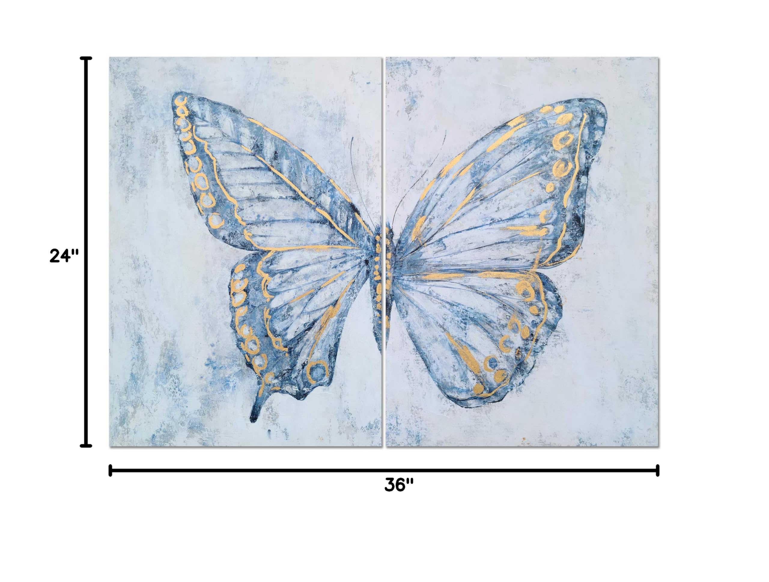 Hand Painted Blue & White Butterfly Canvas Wall Art Set of 2 - Modern Abstract Animal Paintings with Gold Foil Accents | Perfect for Living Room, Bedroom, Bathroom & Nursery Decor | Home & Office Wall Decorations