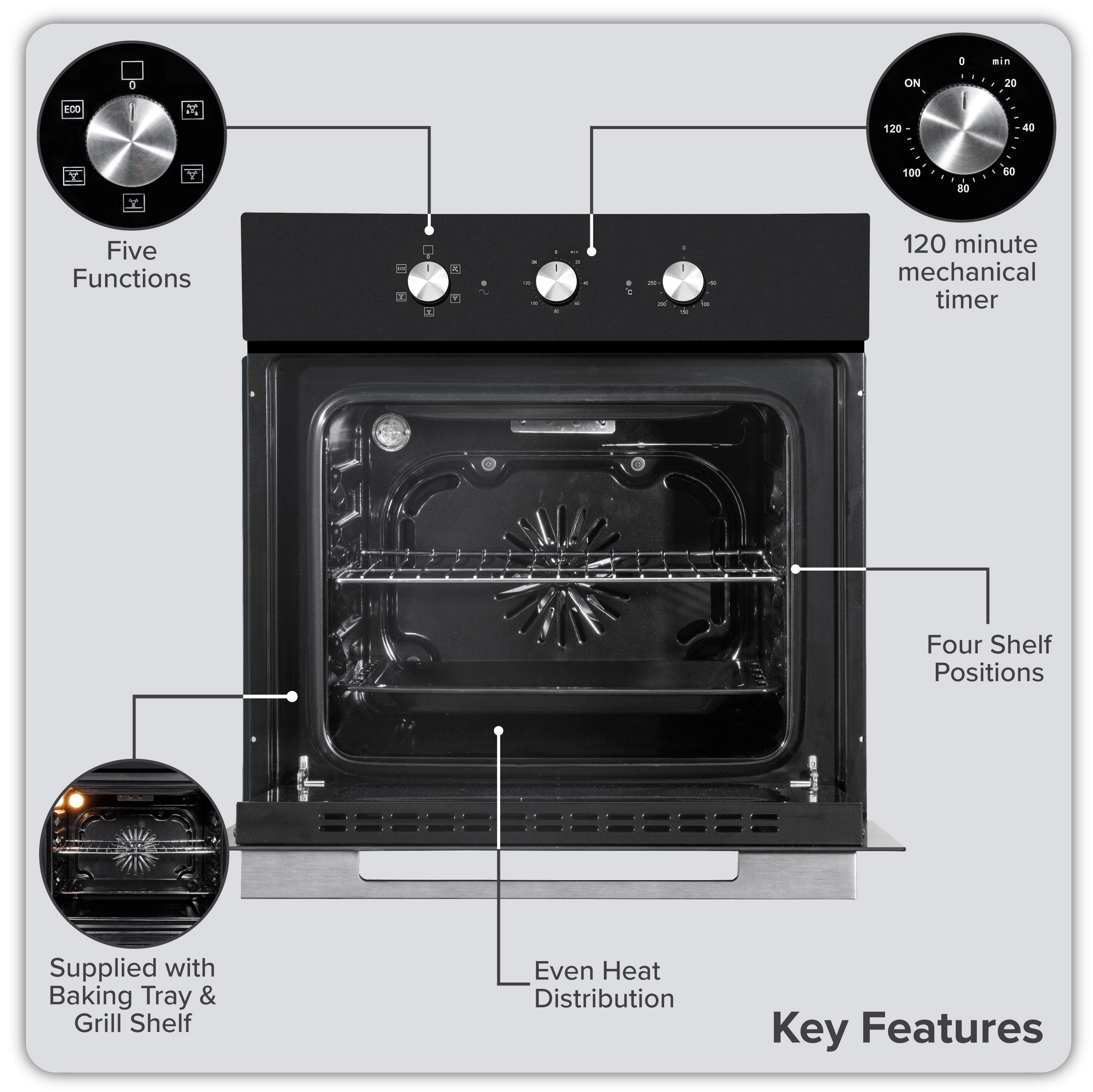 Baridi 60cm Built-In 5 Function Fan Assisted Electric Oven with Timer - 55L Capacity, Black (DH110) - Perfect for Baking, Roasting & Grilling in Modern Kitchens